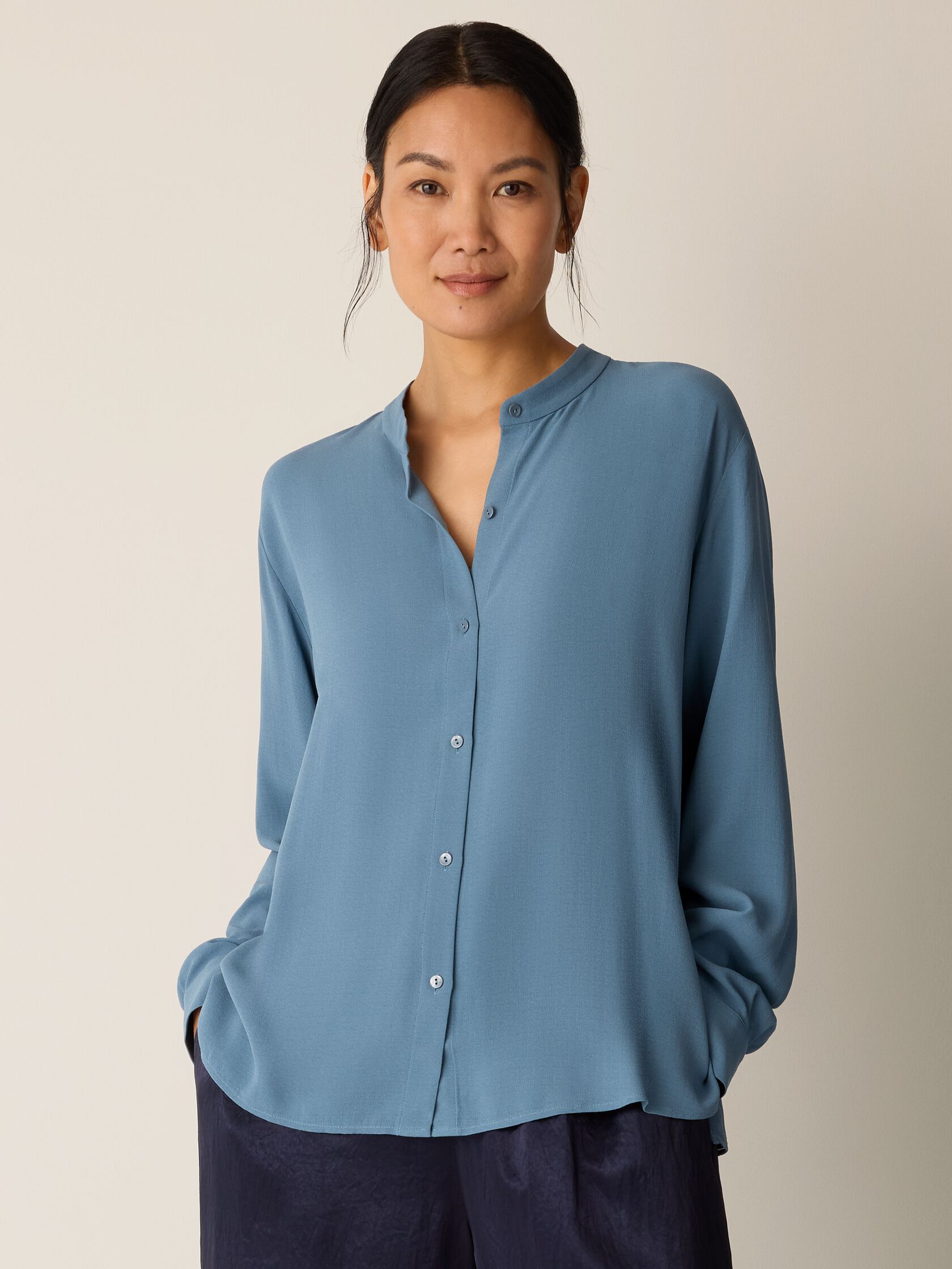 Silk Georgette Crepe Band Collar Top