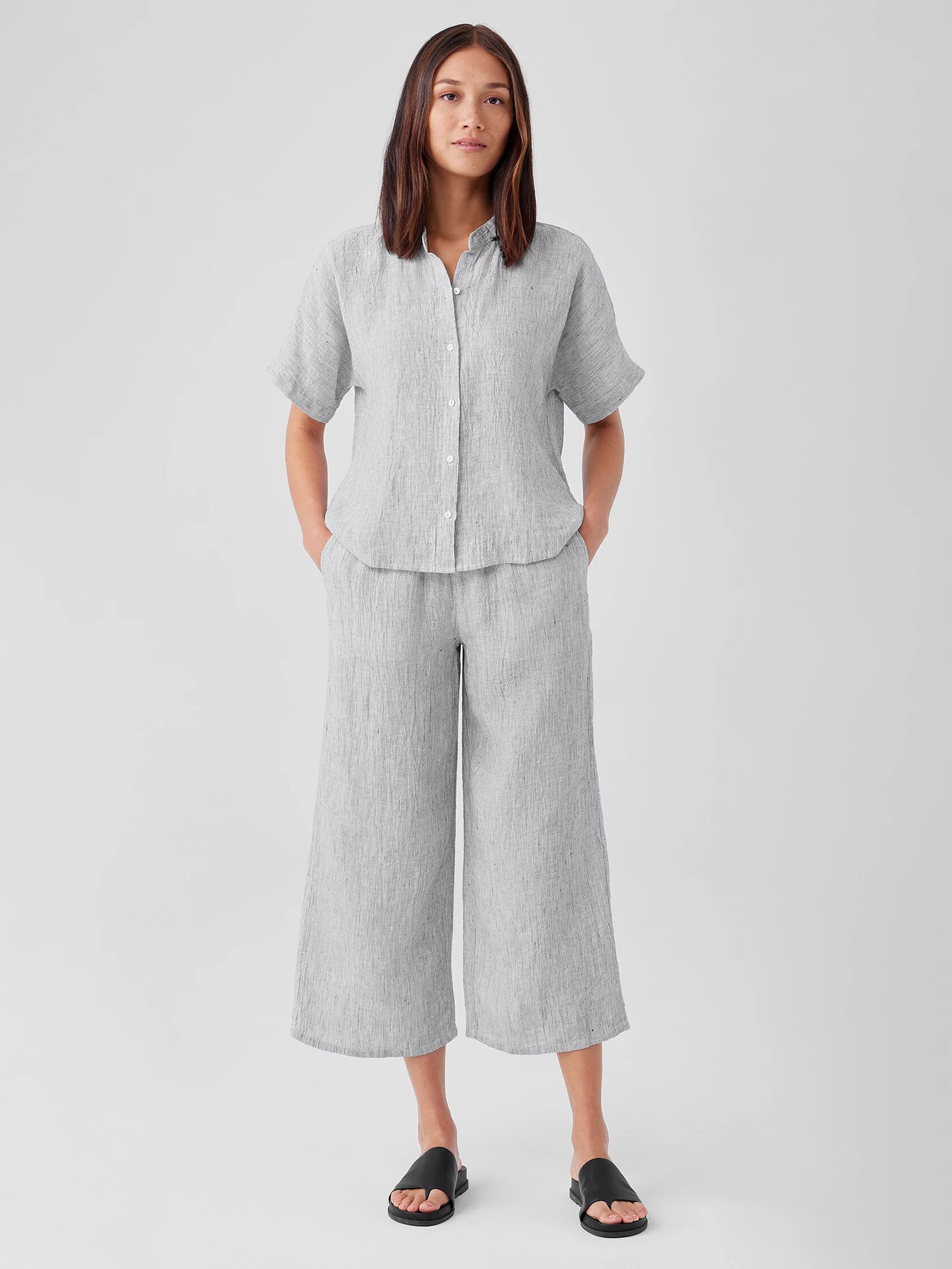 Crinkled Organic Linen Stripe Wide-Leg Pant