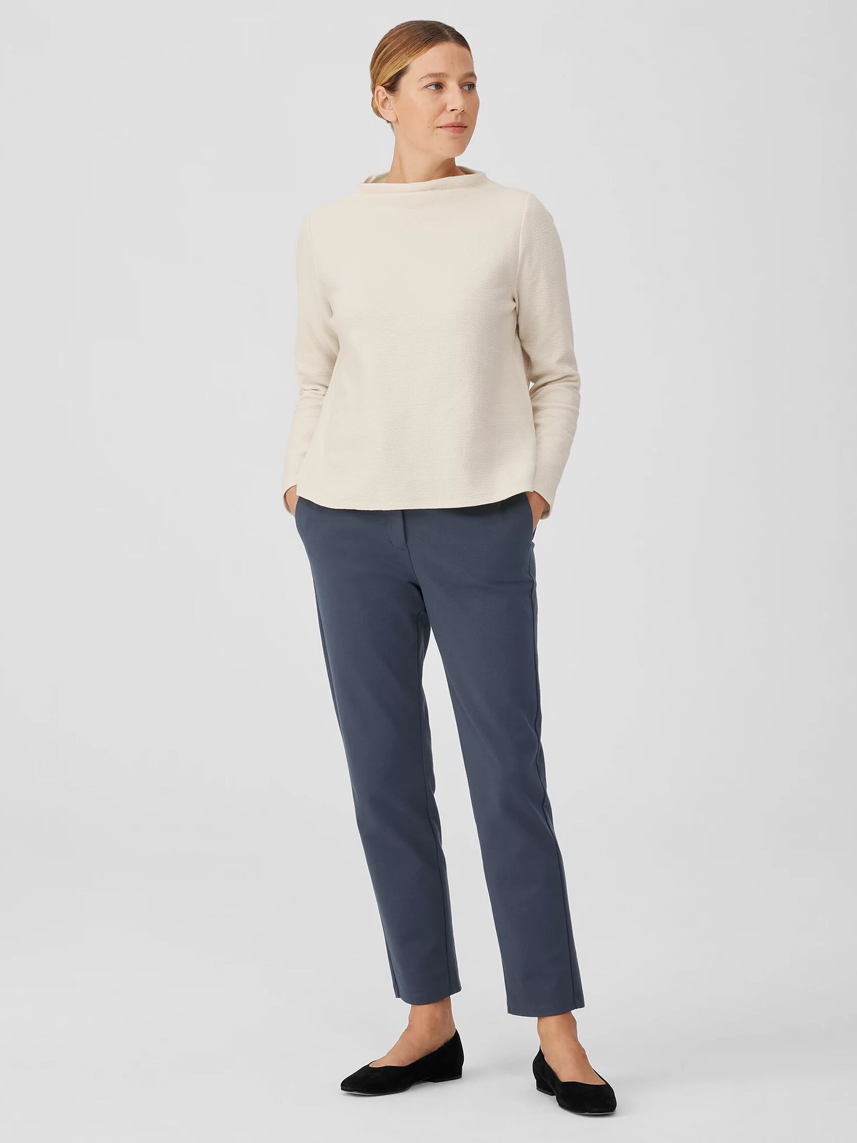 Organic Cotton Crinkled Knit Funnel Neck Top