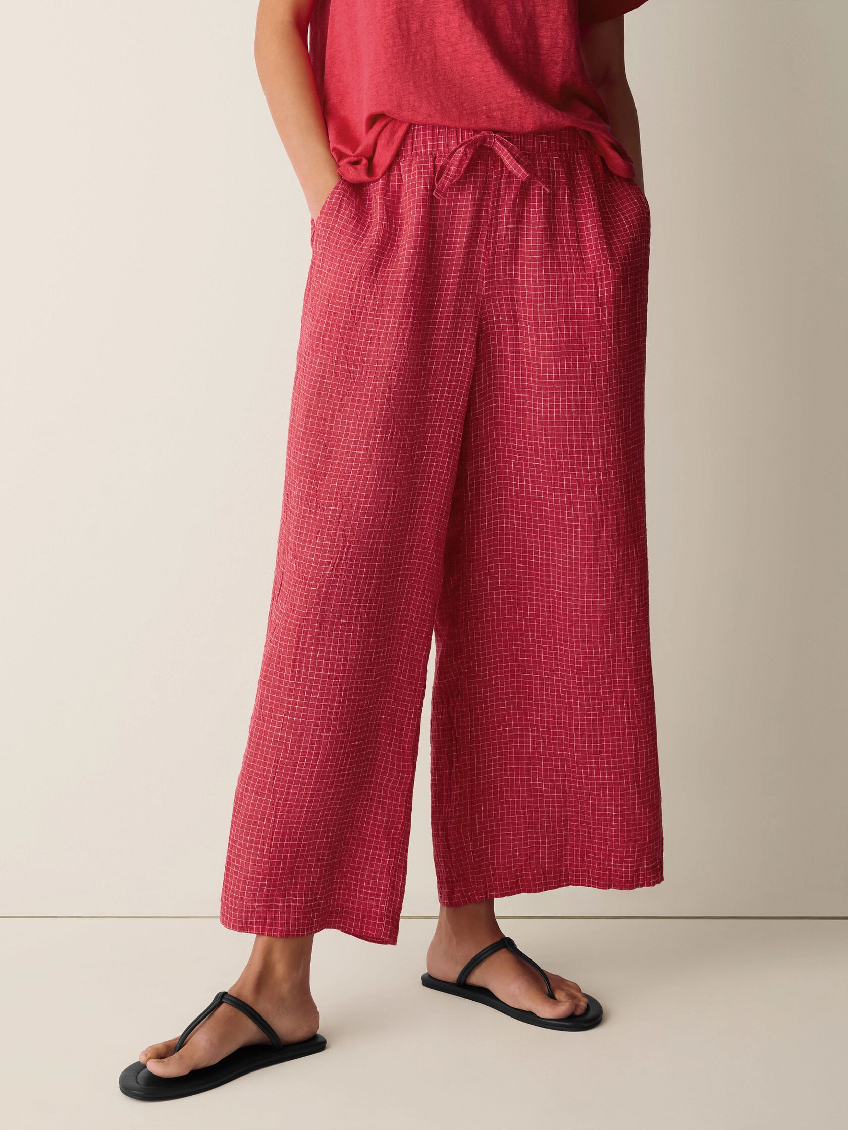 Puckered Organic Linen Grid Wide-Leg Pant
