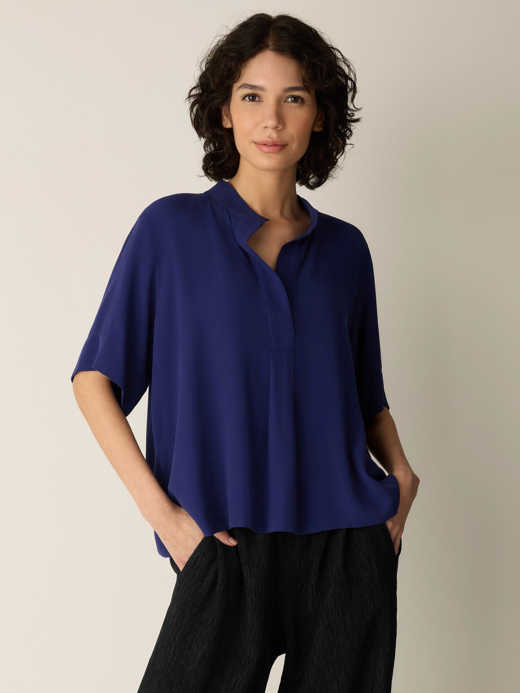 Silk Georgette Crepe Split Neck Top