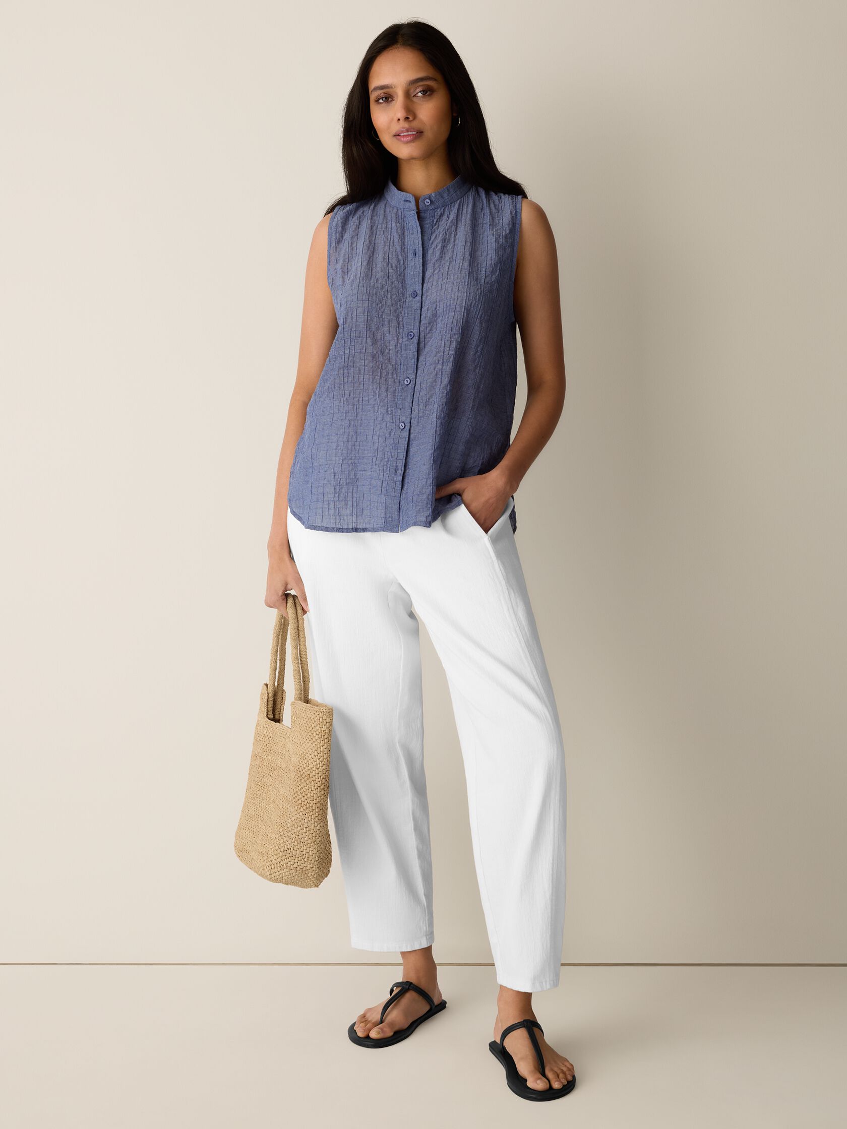 Organic Cotton Microstripe Pucker Sleeveless Shirt