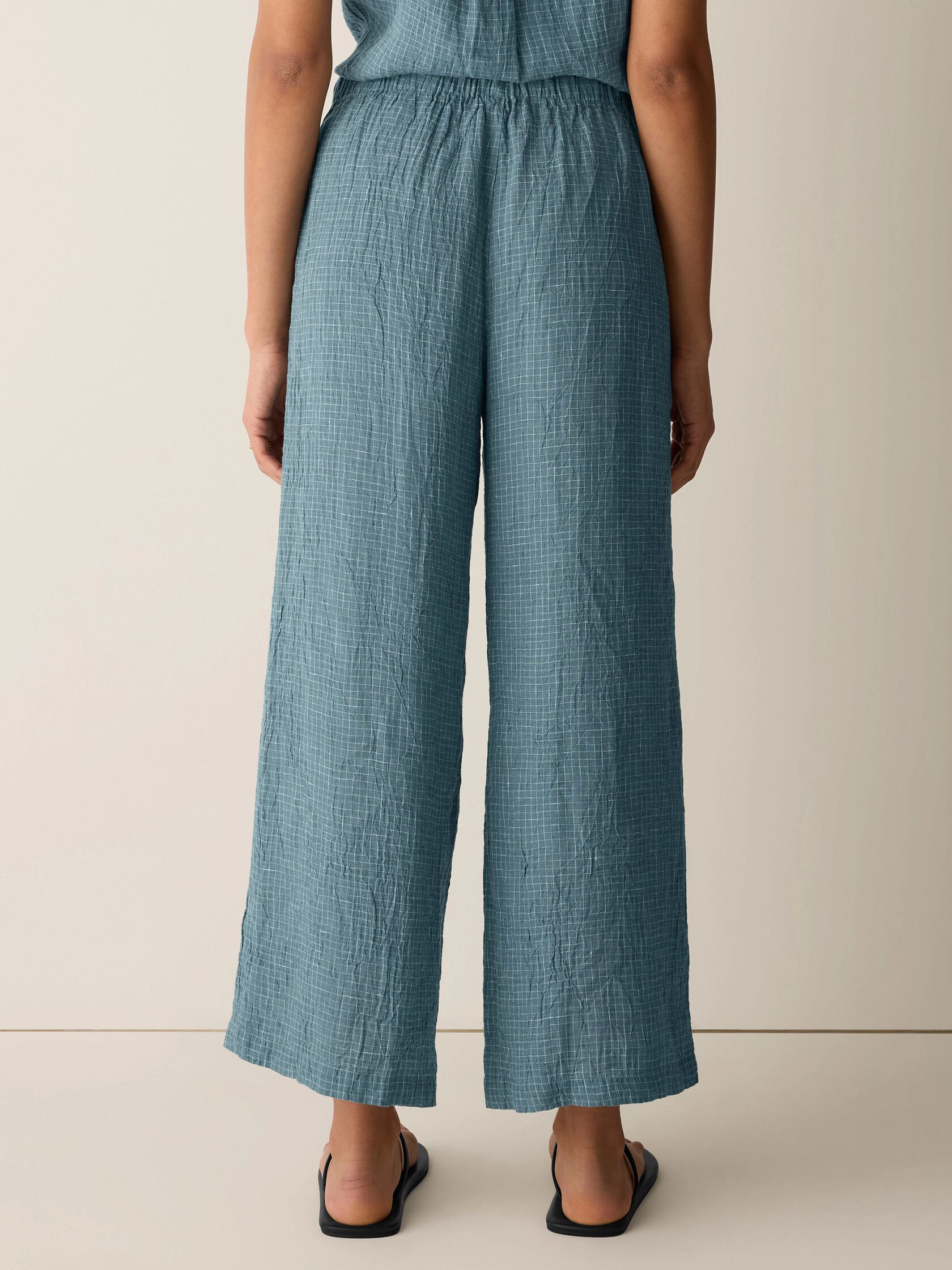 Puckered Organic Linen Grid Wide-Leg Pant
