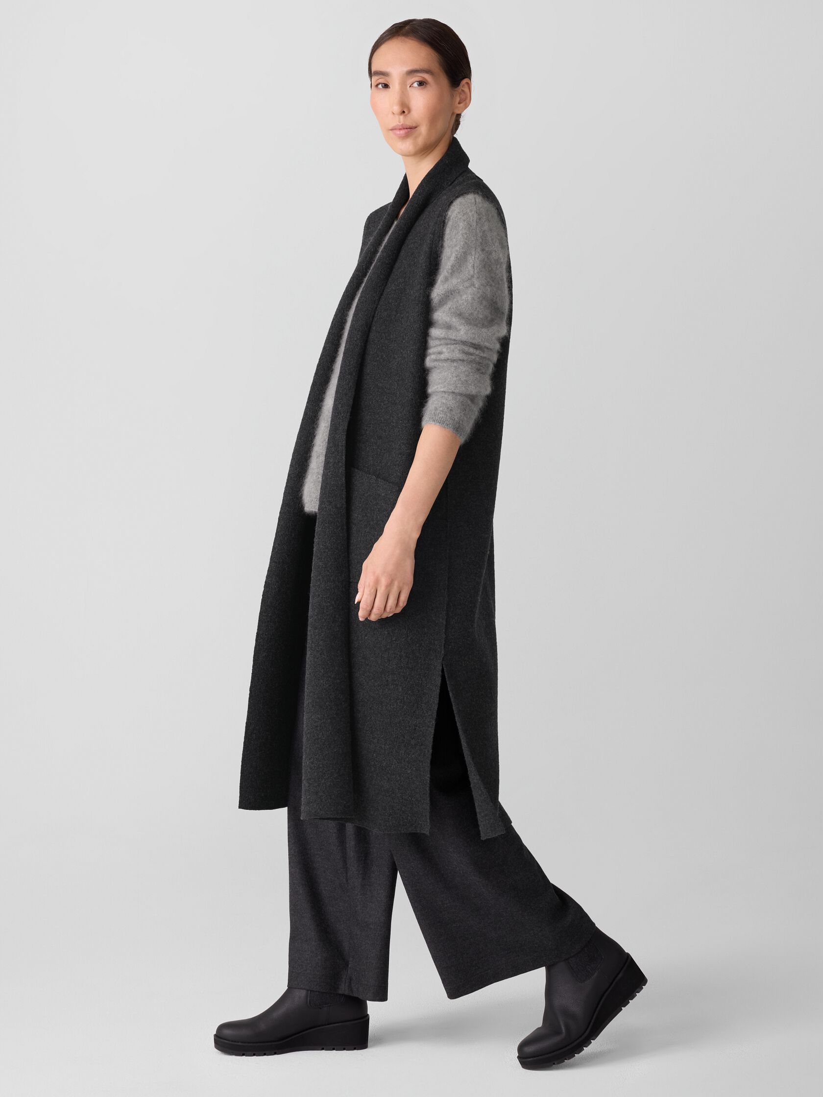 Lightweight Boiled Wool Shawl Collar Vest in Regenerative Wool