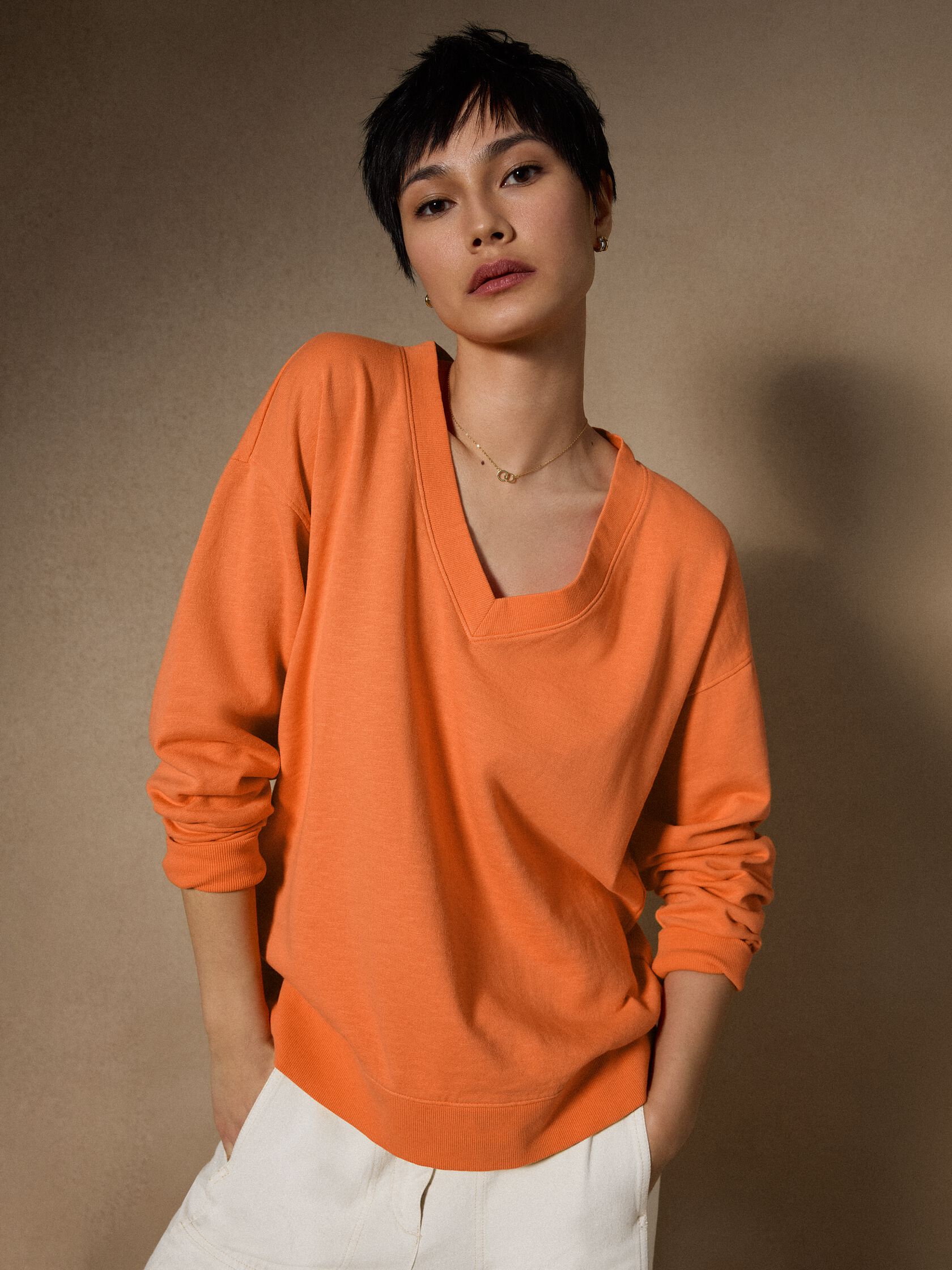 Garment-Dyed Organic Cotton Terry V-Neck Top