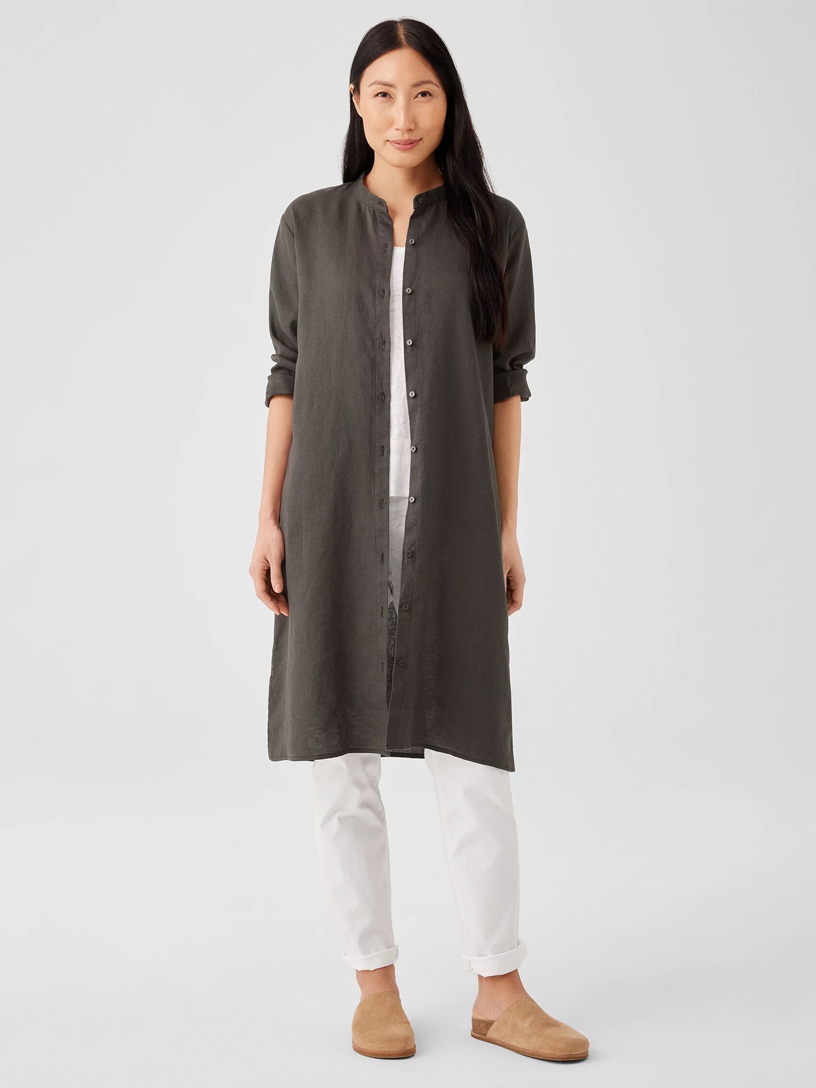 Organic Linen Band Collar Shirtdress