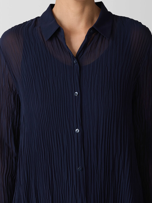 Crinkled Sheer Silk Georgette Classic Collar Shirt