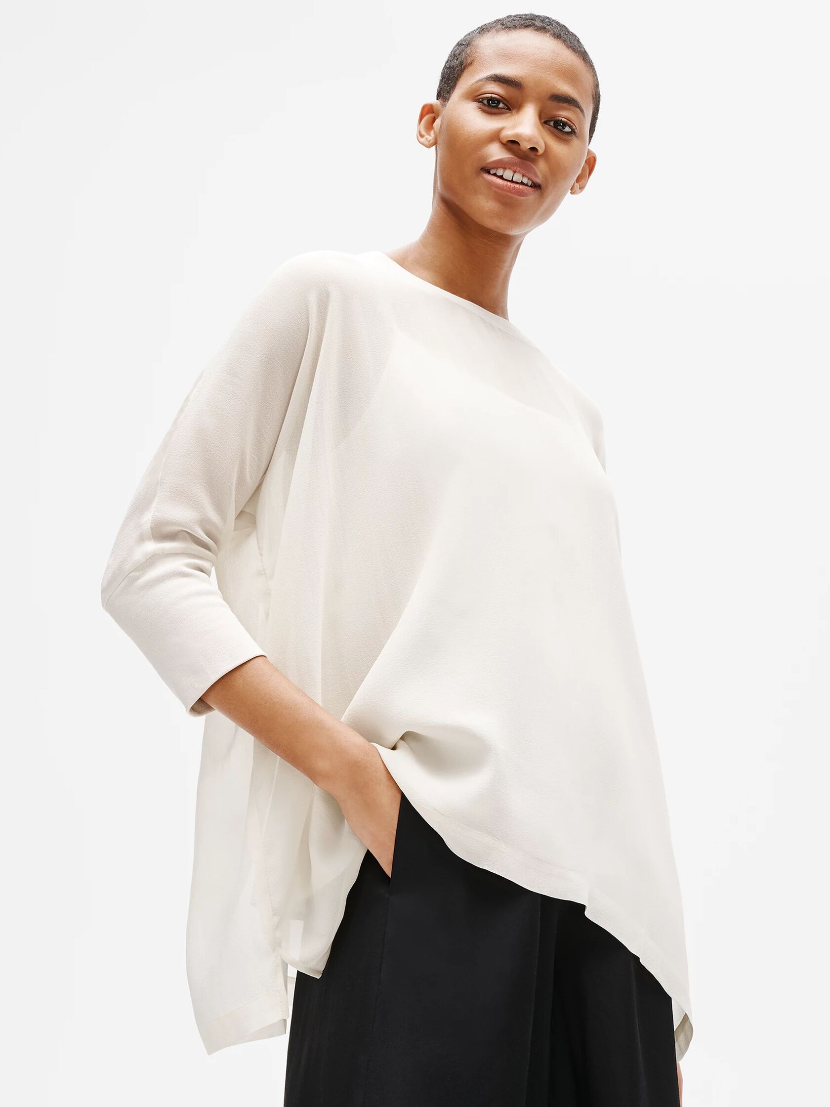 Sheer Silk Georgette Elbow-Sleeve Top