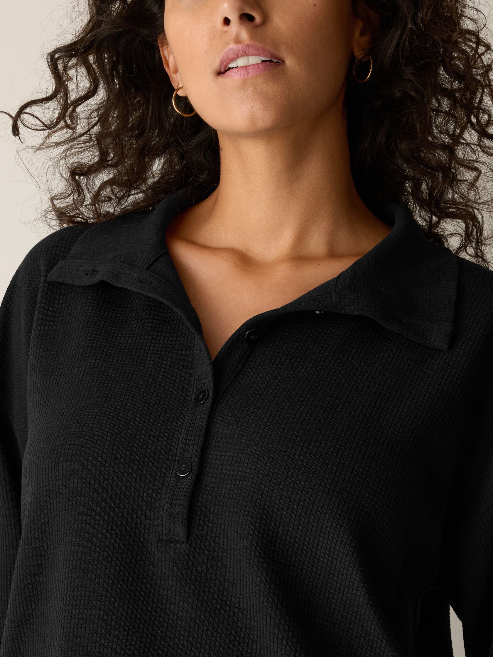 Waffle Cotton Blend Doubleknit High Collar Henley Top