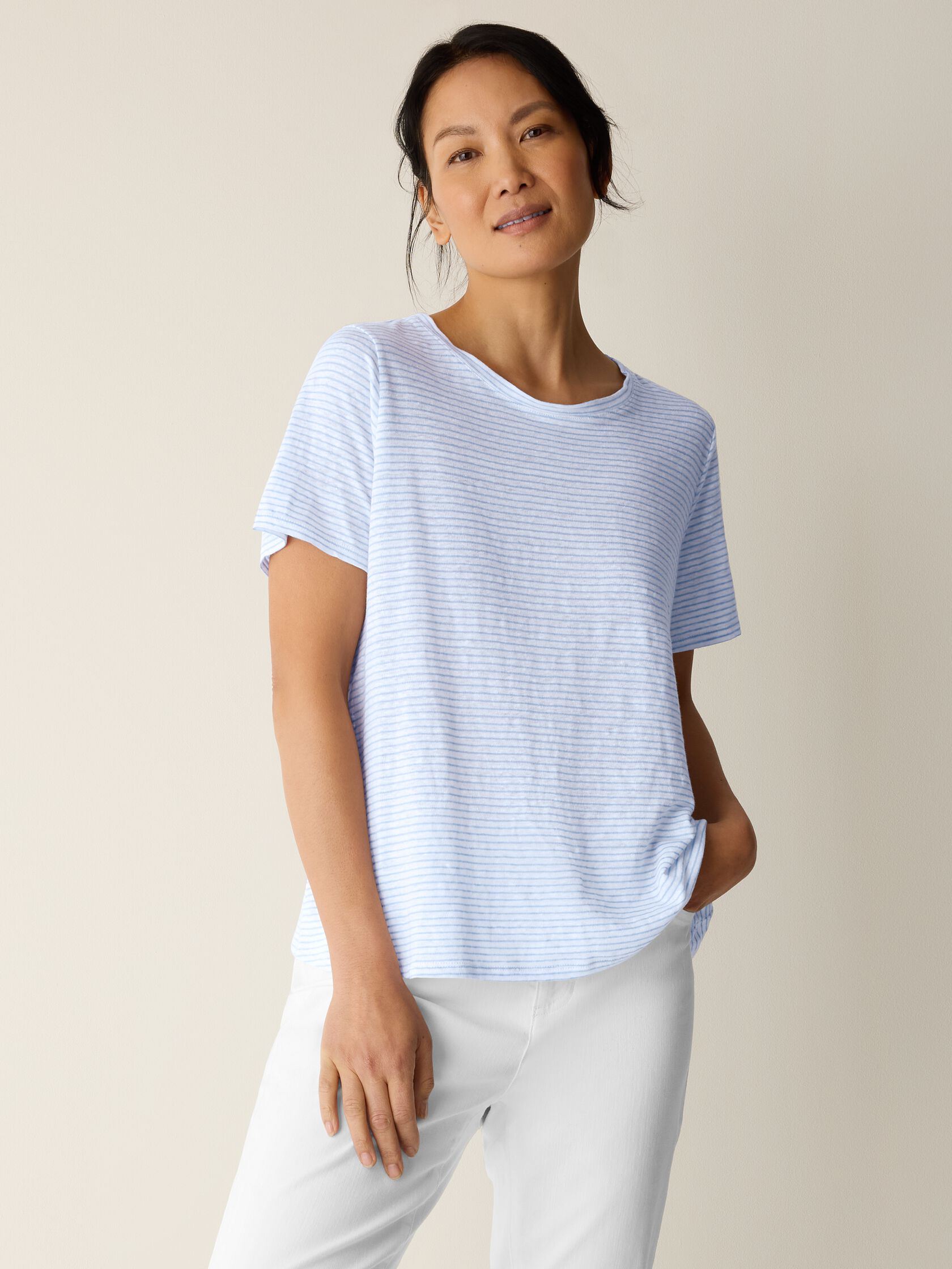 Striped Organic Linen Jersey Crew Neck Tee