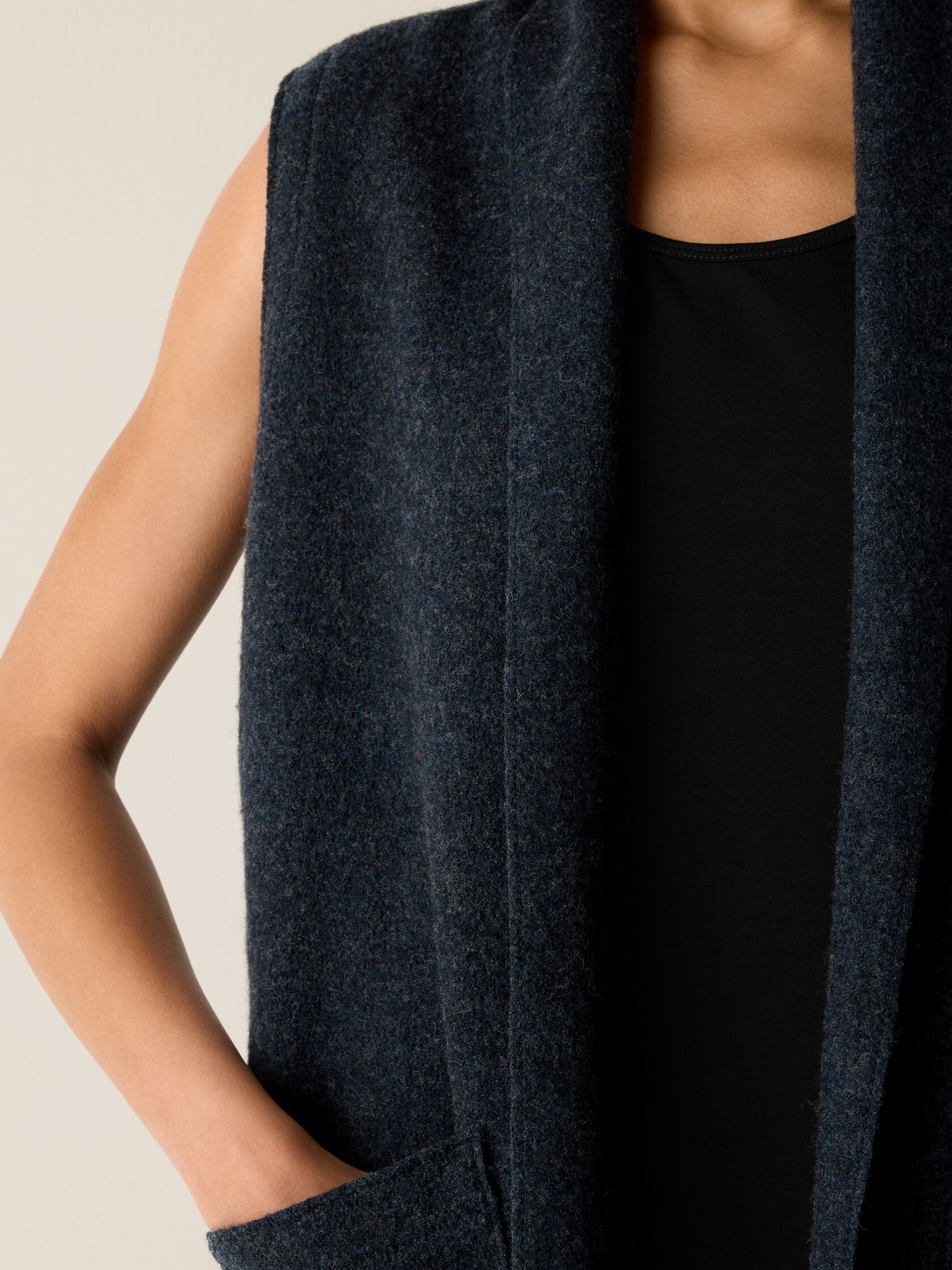 Lightweight Boiled Wool Shawl Collar Vest in Regenerative Wool
