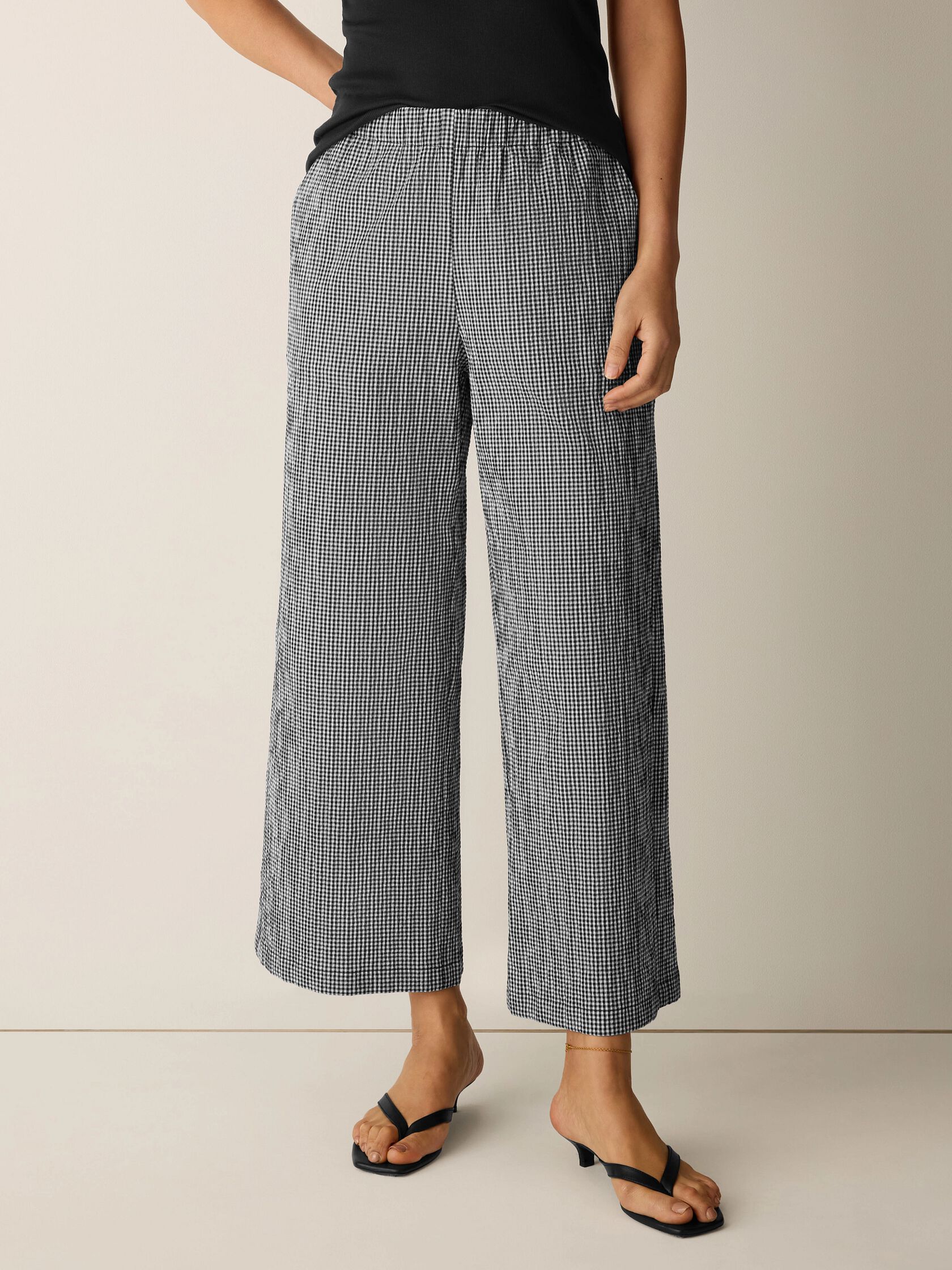 Organic Cotton Pucker Check Wide-Leg Pant