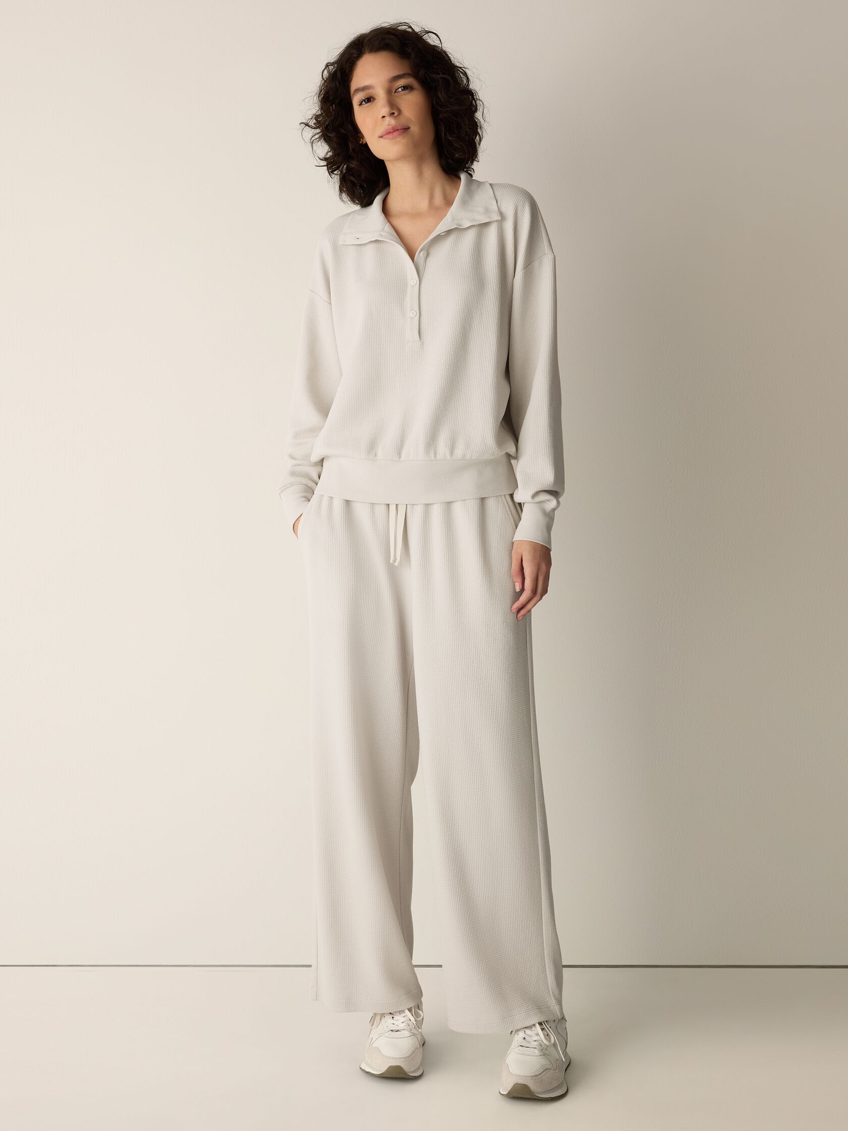 Waffle Cotton Blend Doubleknit High Collar Henley Top