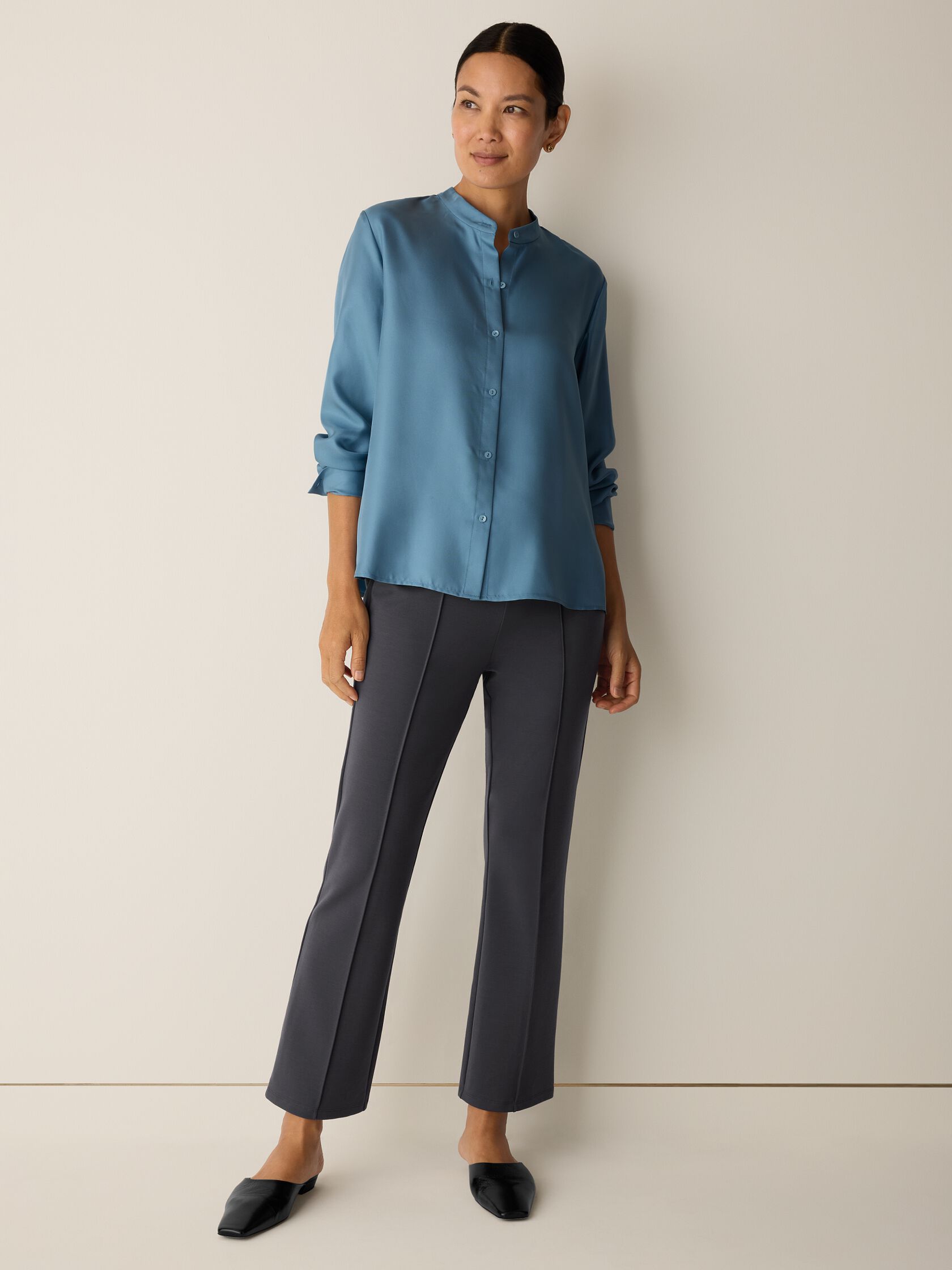 Silk Twill Band Collar Shirt