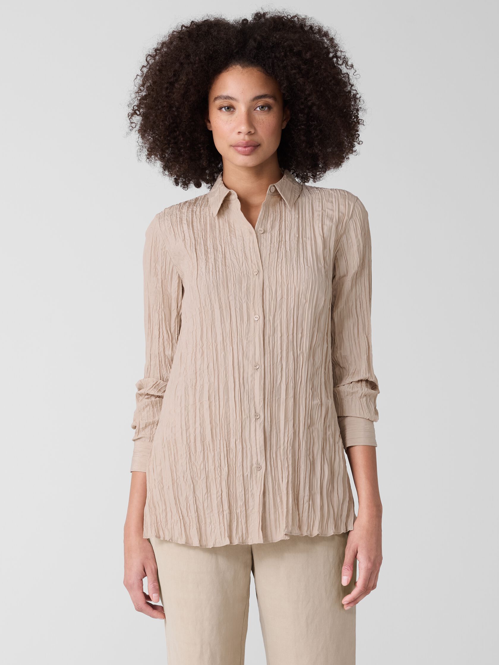 Crinkle Silk Habutai Classic Collar Shirt