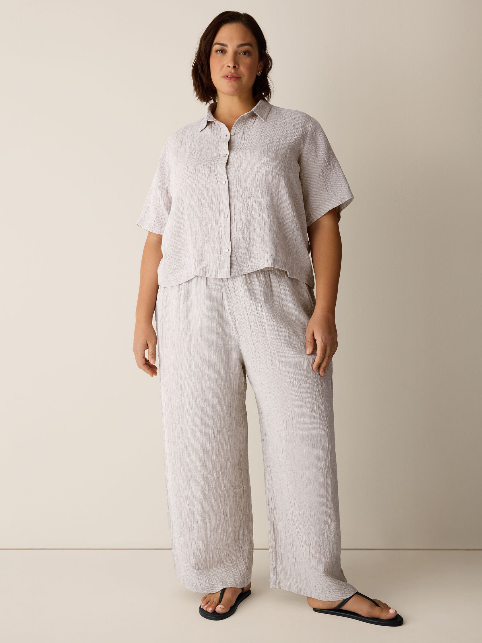 Puckered Organic Linen Stripe Elbow-Sleeve Shirt