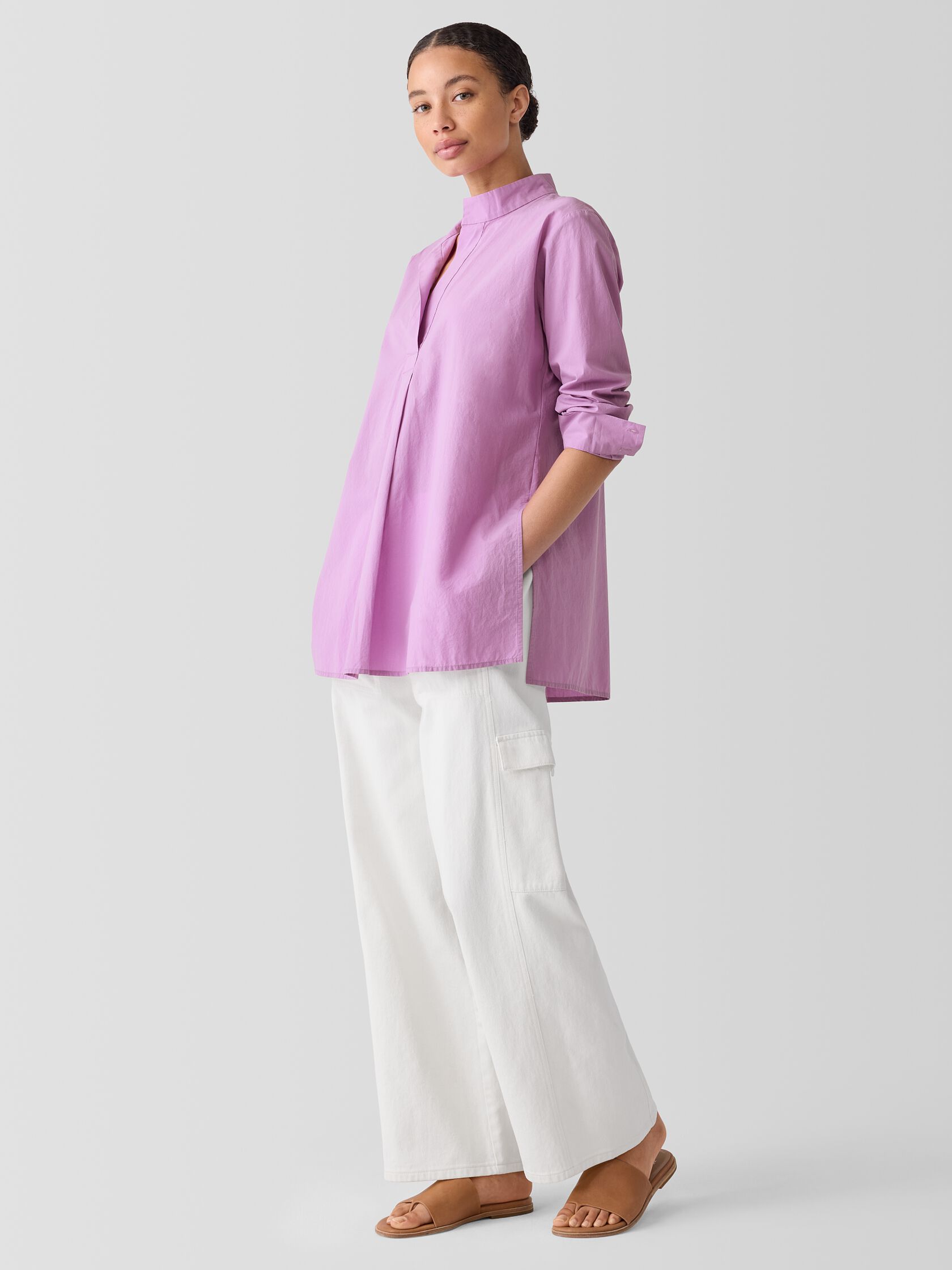 Washed Organic Cotton Poplin Stand Collar Top