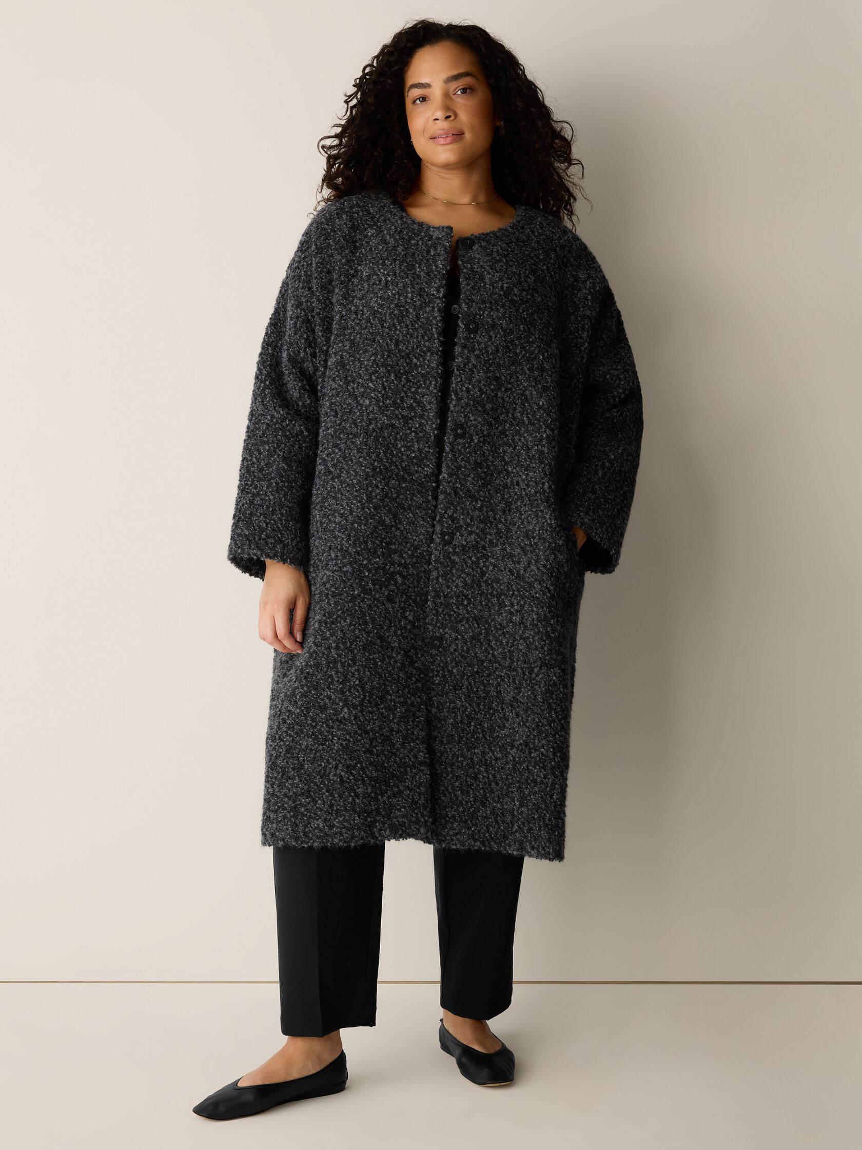 Curly Alpaca Wool Blend Round Neck Coat