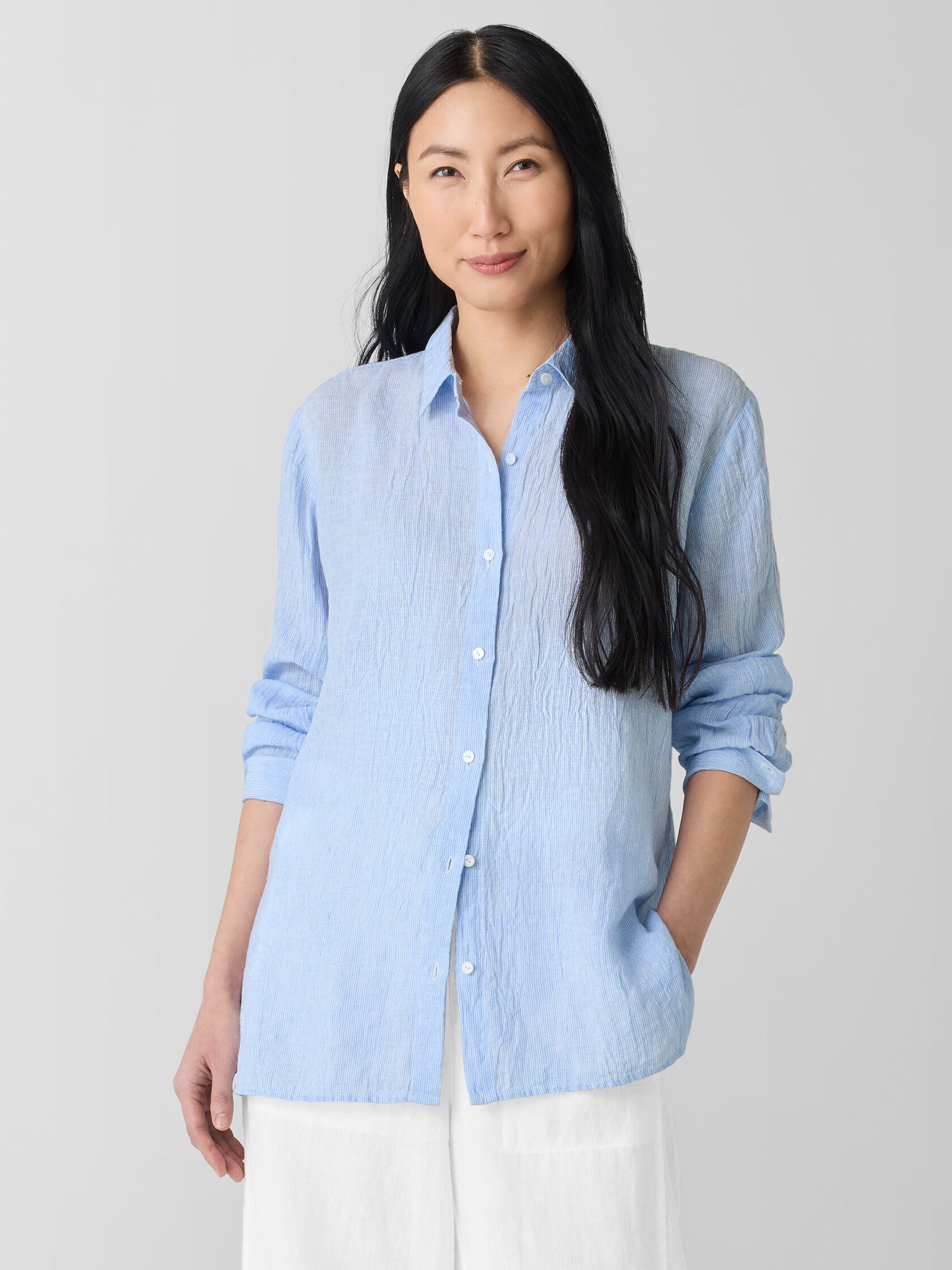 Puckered Organic Linen Stripe Classic Collar Shirt