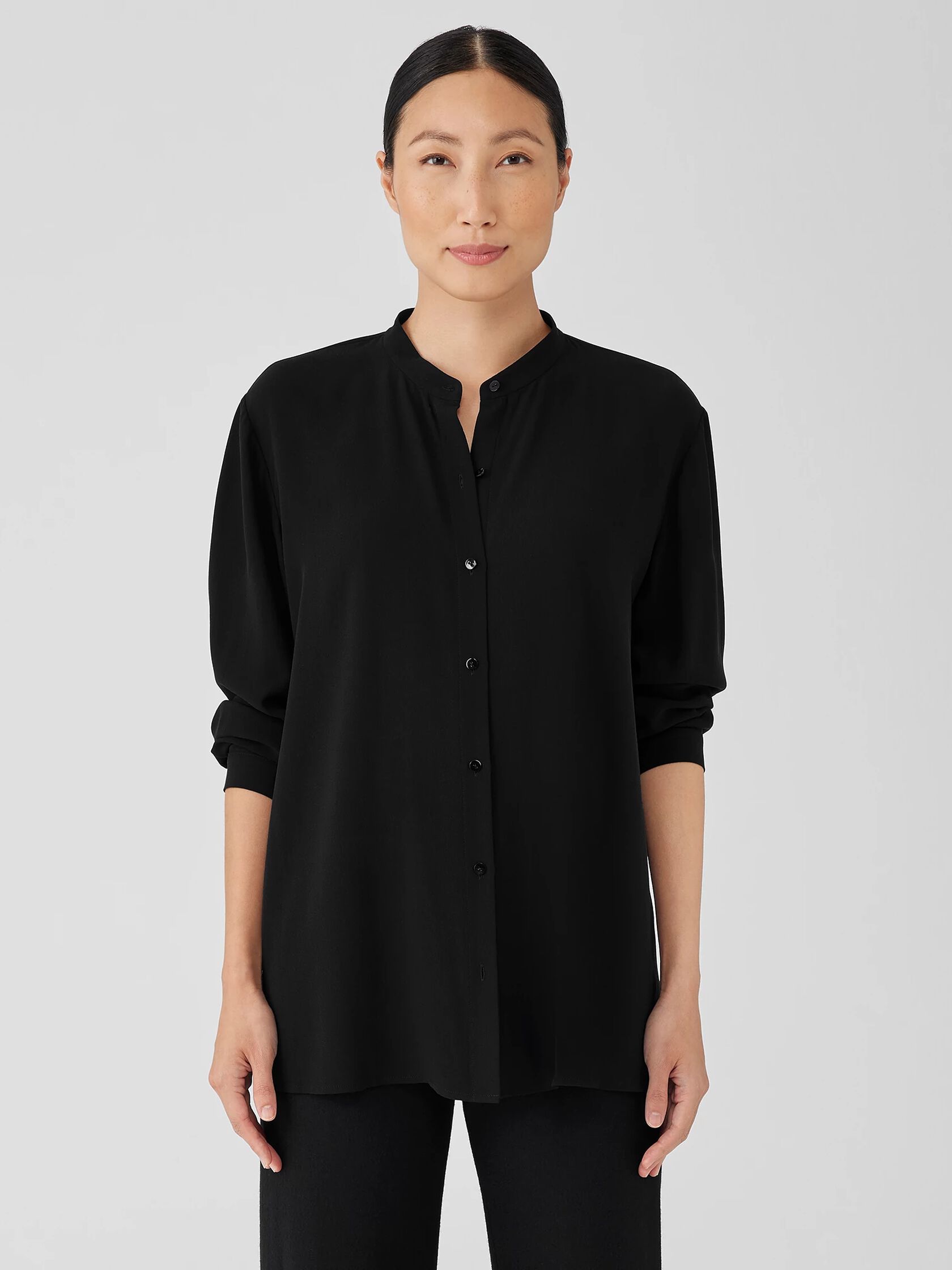 Silk Georgette Crepe Mandarin Collar Shirt