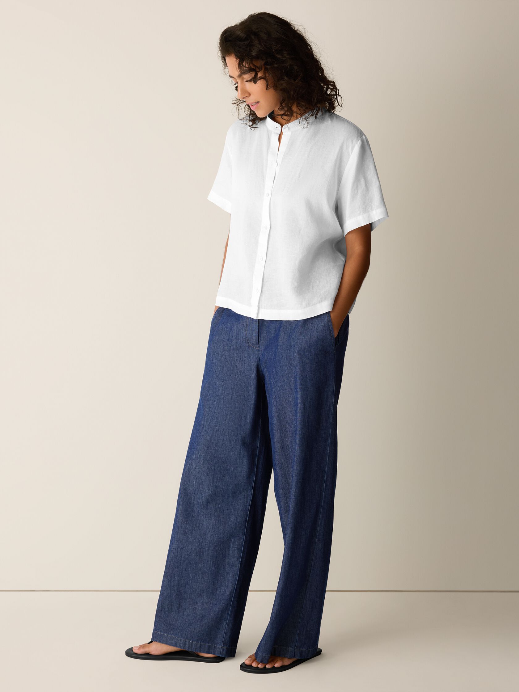 Organic Handkerchief Linen Band Collar Shirt