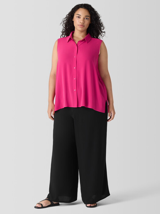 Silk Georgette Crepe Classic Collar Sleeveless Shirt