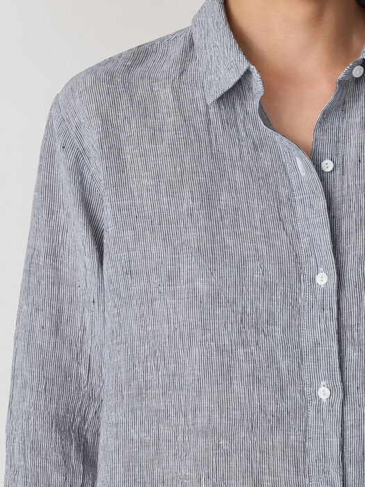 Puckered Organic Linen Stripe Classic Collar Long Shirt