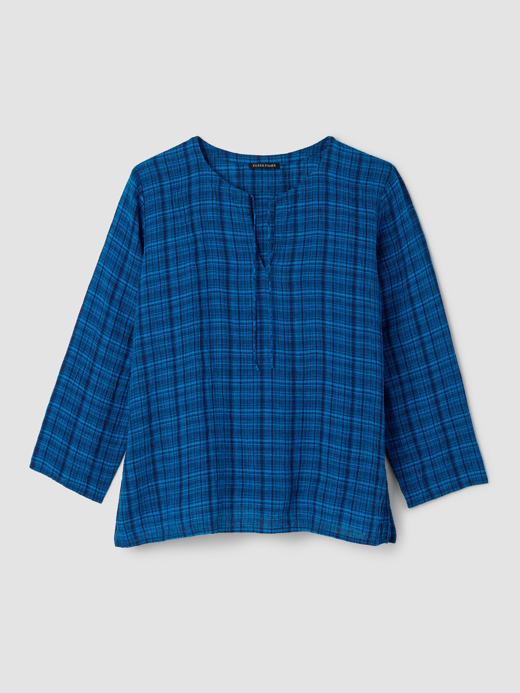 Puckered Organic Linen Plaid Keyhole Top