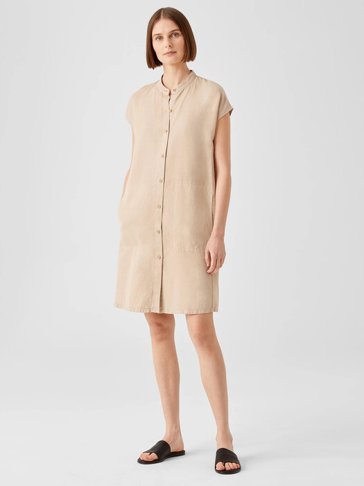 Linen Blend Mandarin Collar Shirtdress