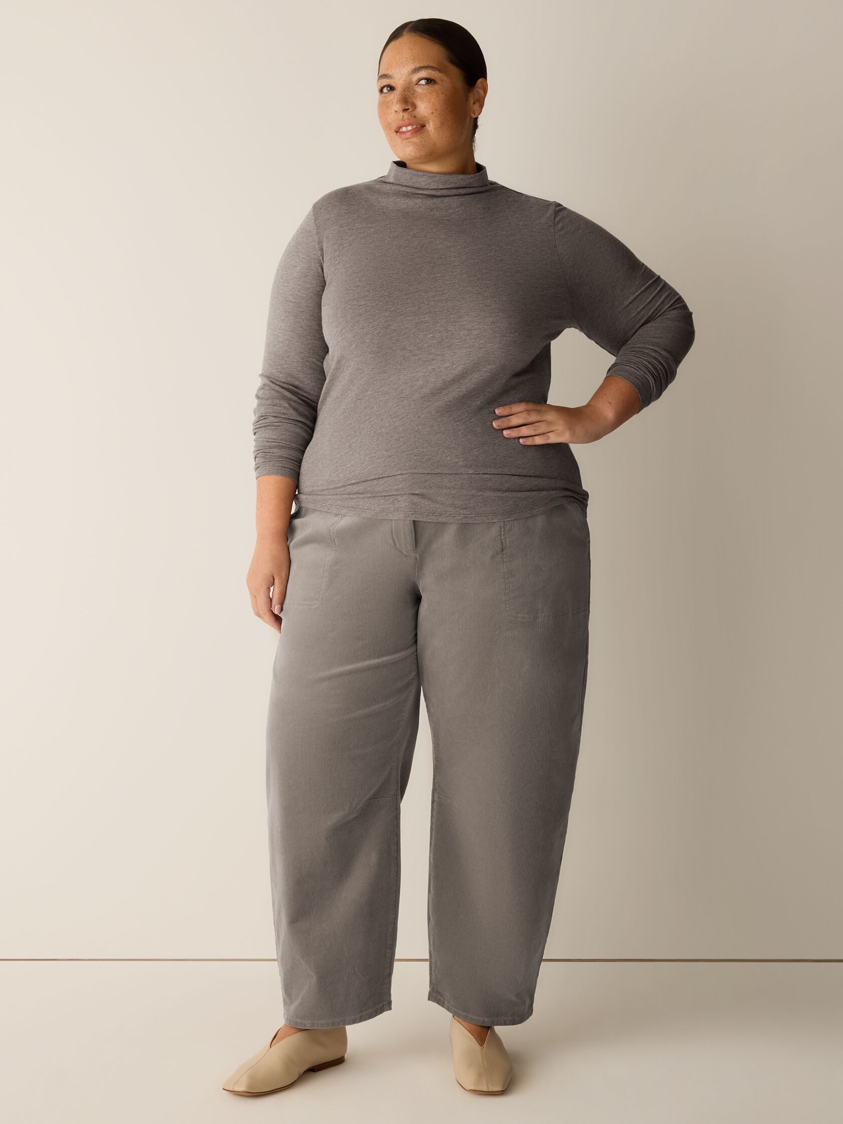 M&eacute;lange Sheer Cotton Blend Knit Funnel Neck Top