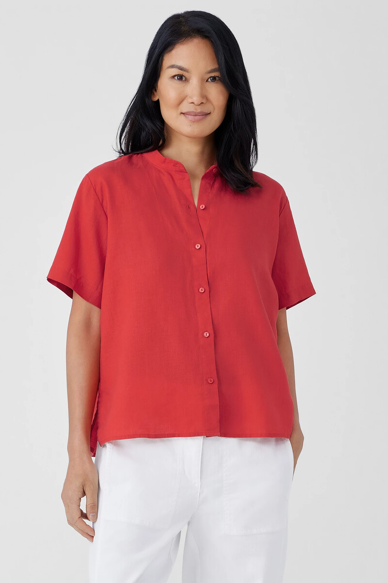Organic Handkerchief Linen Band Collar Short-Sleeve Shirt Organic Handkerchief Linen Band Collar Short-Sleeve Shirt