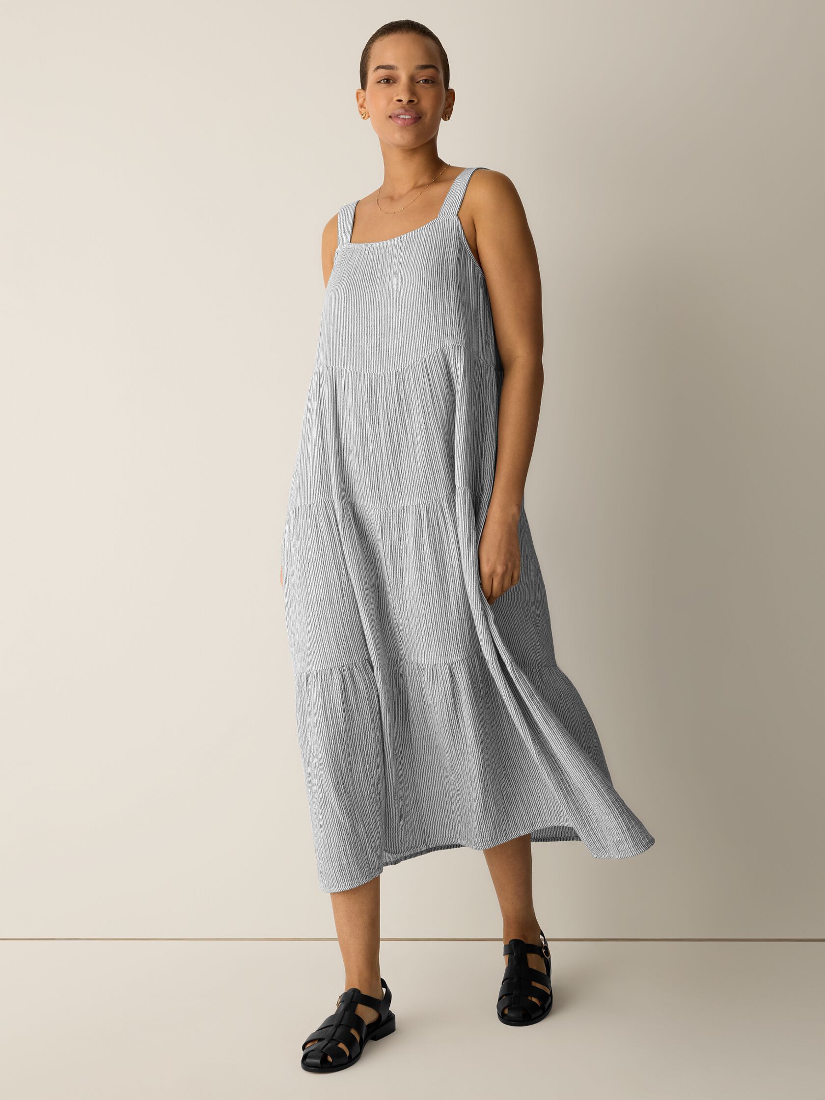 Striped Organic Cotton Gauze Tiered Dress