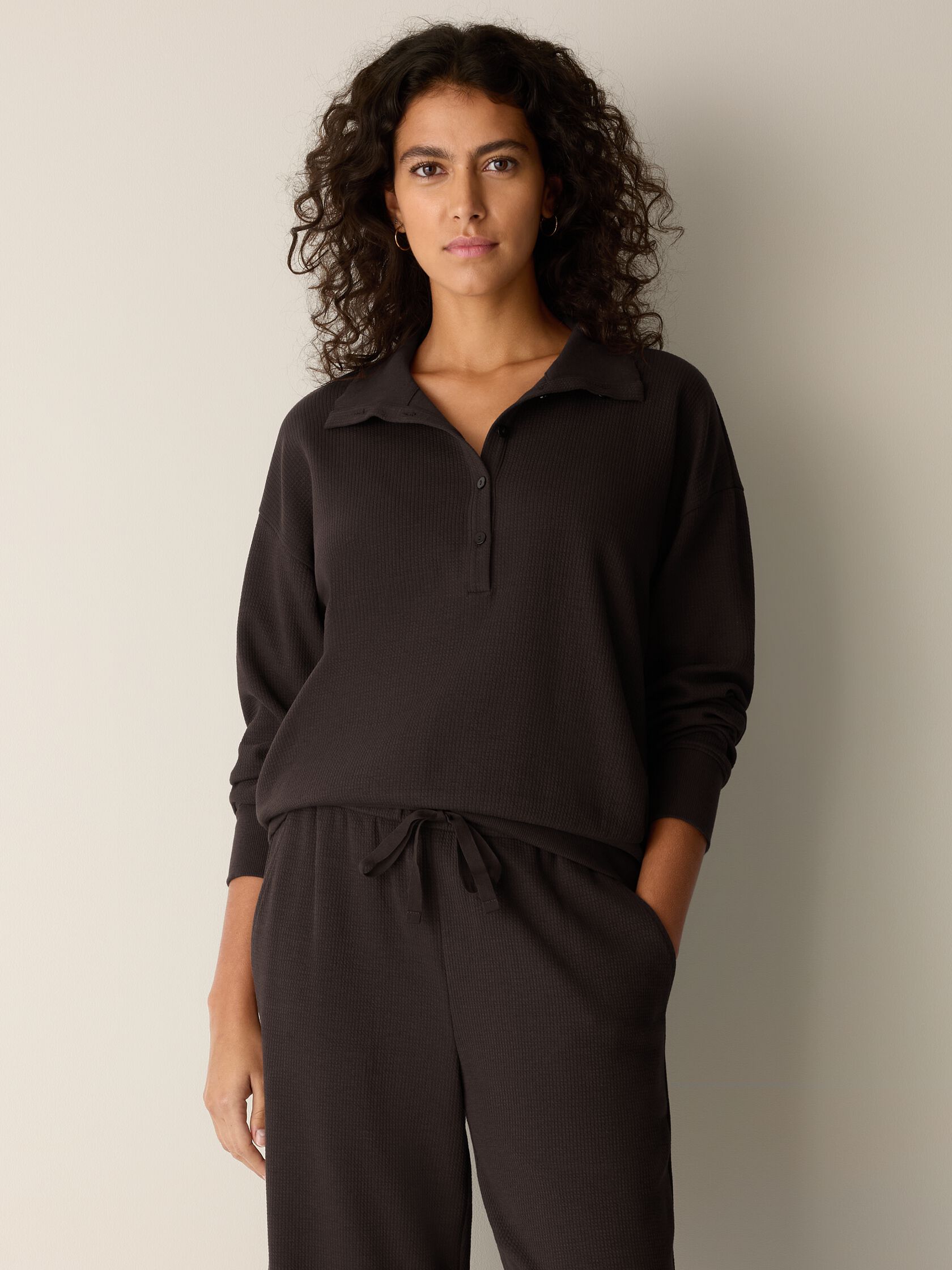 Waffle Cotton Blend Doubleknit High Collar Henley Top