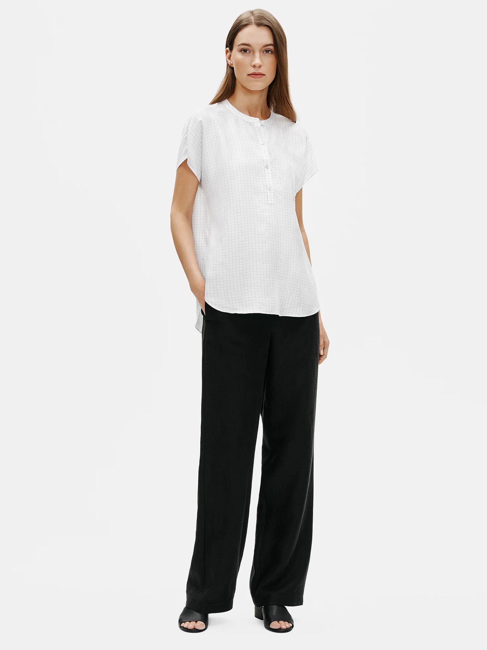 Silk Habutai Check Mandarin Collar Shirt