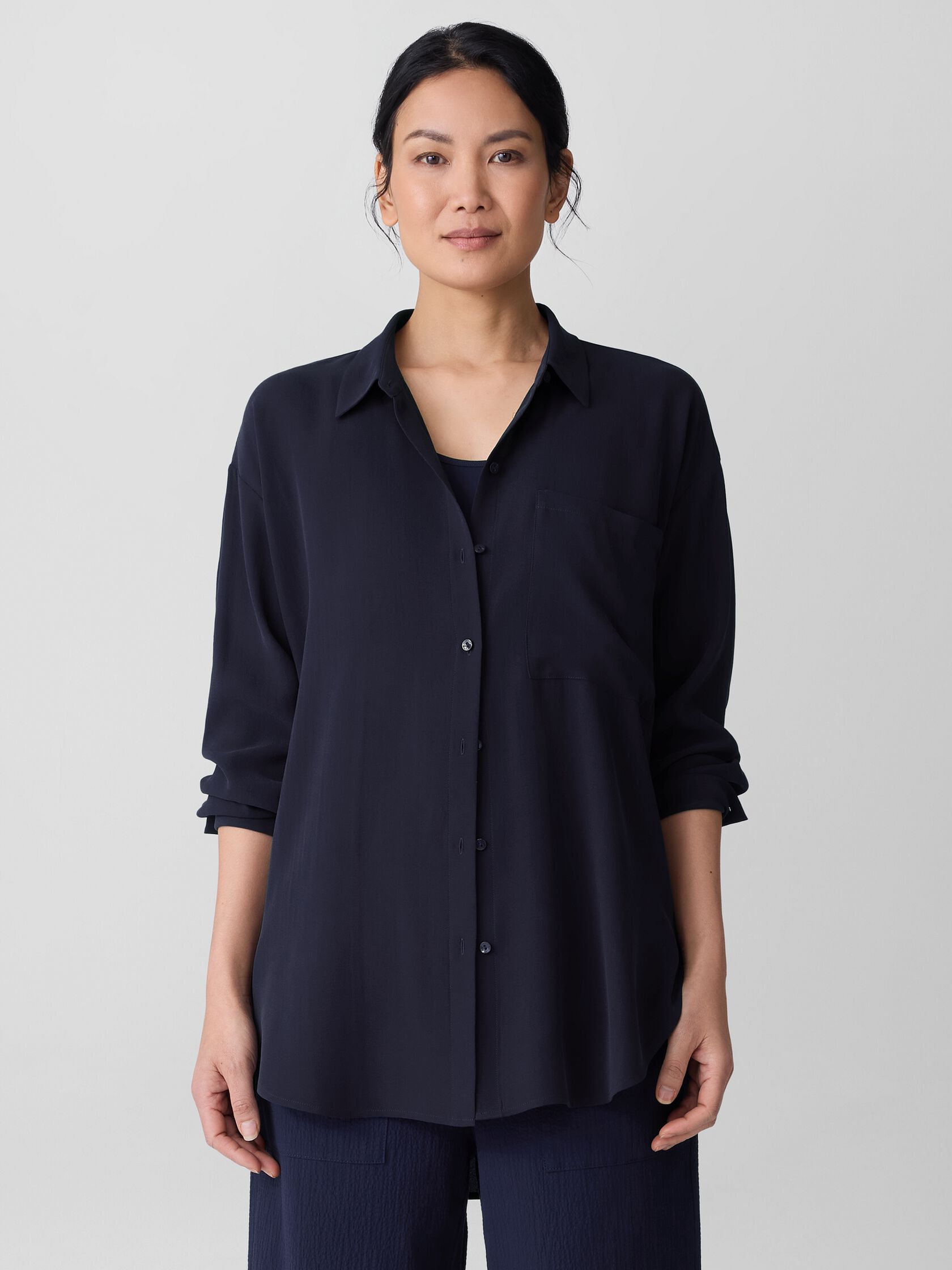 Silk Georgette Crepe Classic Collar Long Shirt
