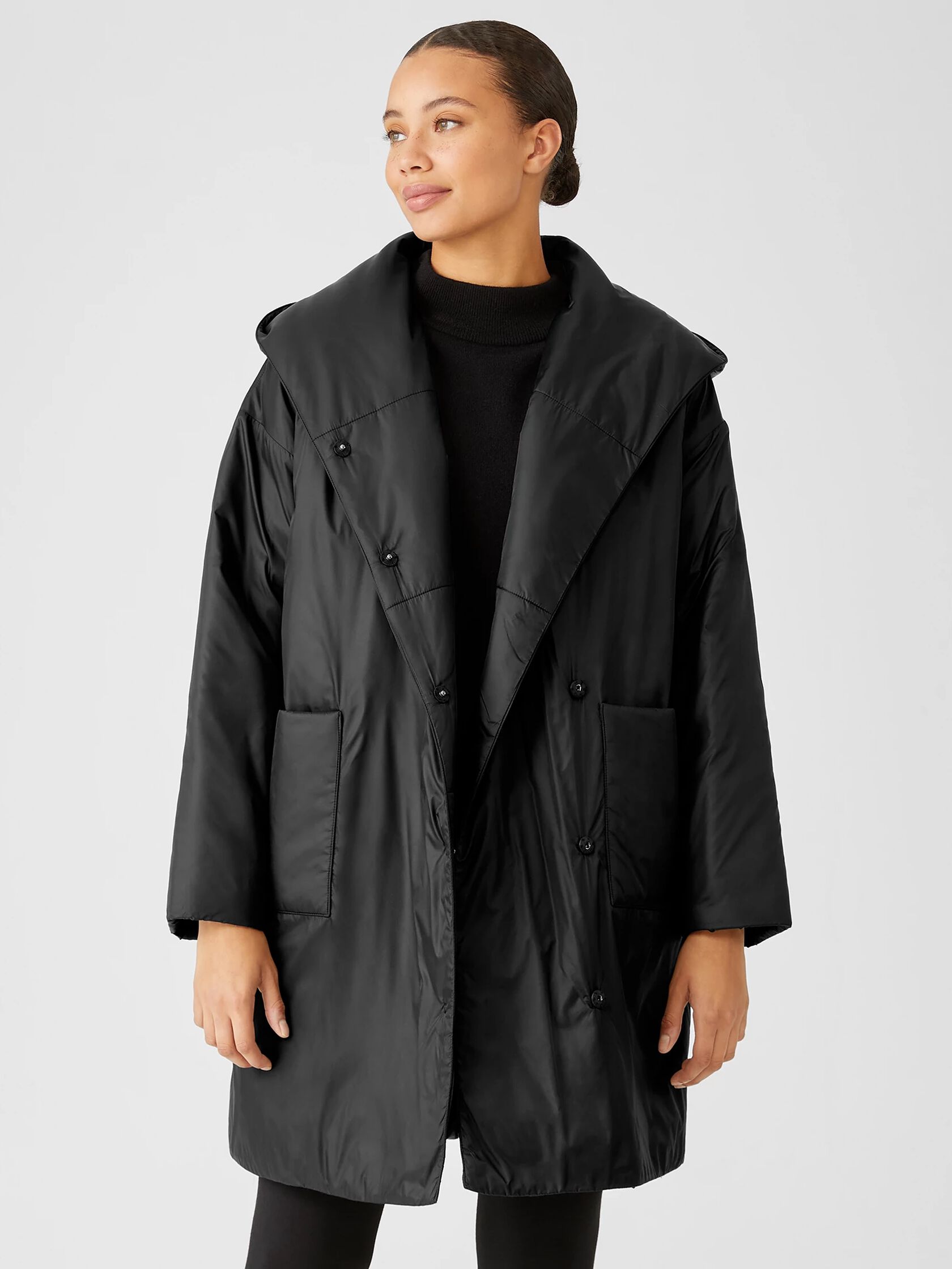 Eggshell Recycled Nylon Hooded Long Coat