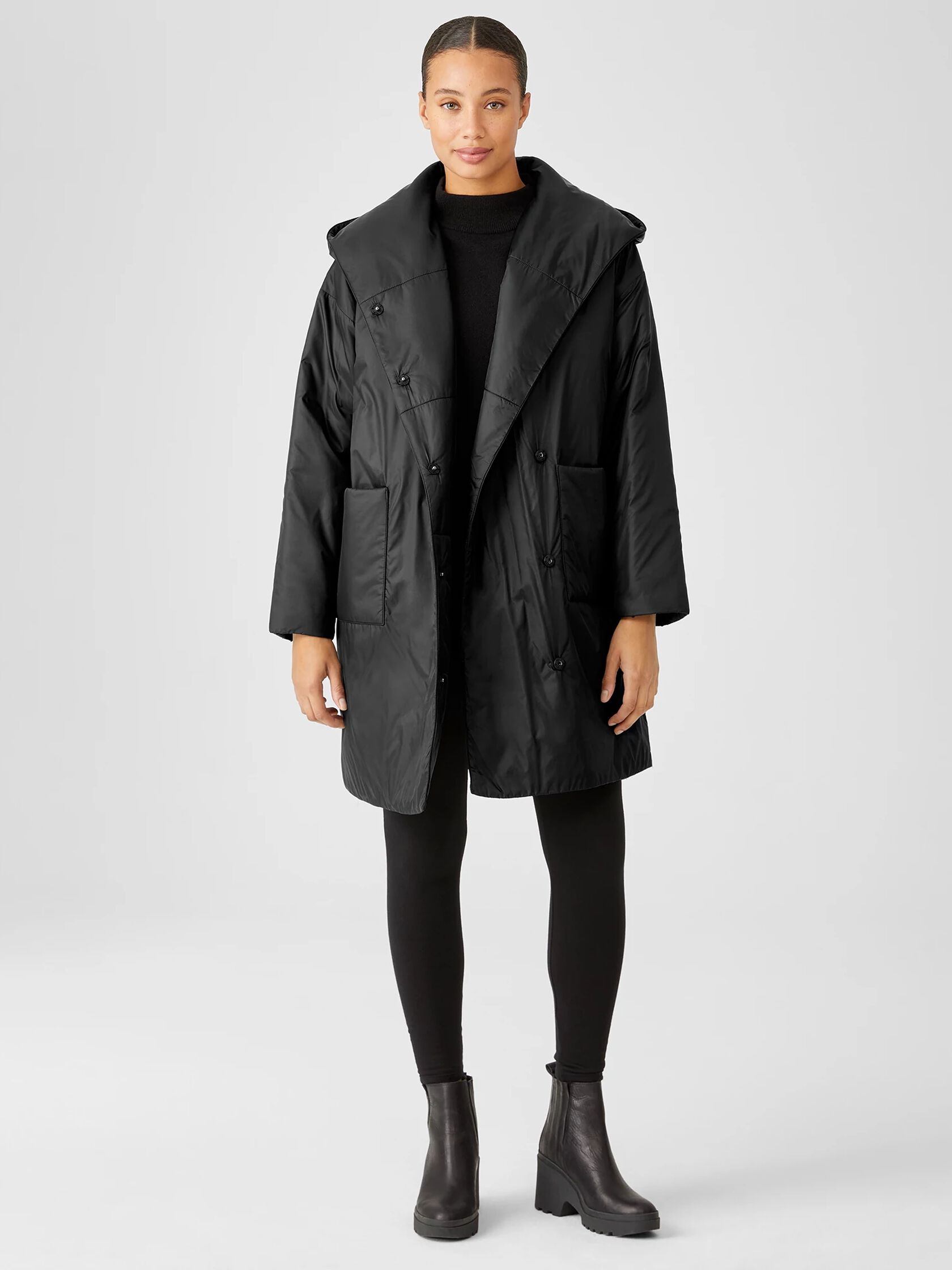 Eggshell Recycled Nylon Hooded Long Coat
