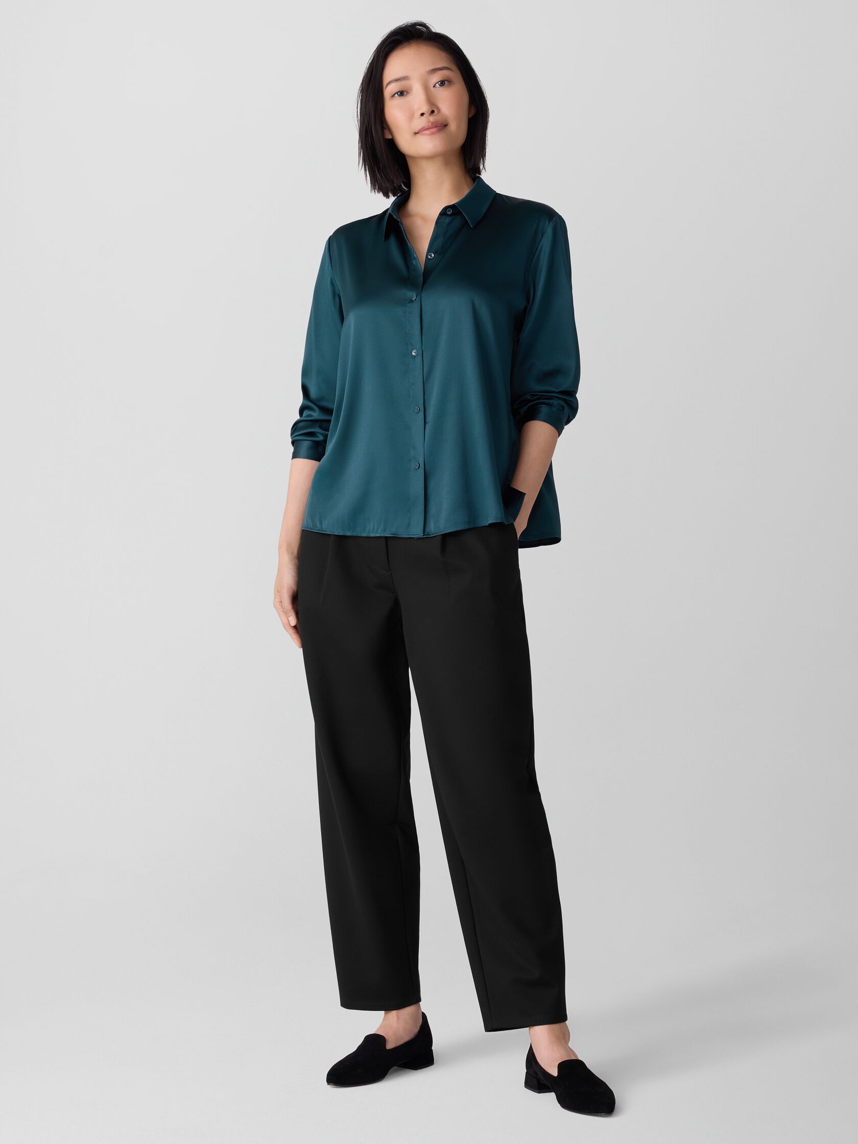 Stretch Silk Charmeuse Classic Collar Shirt