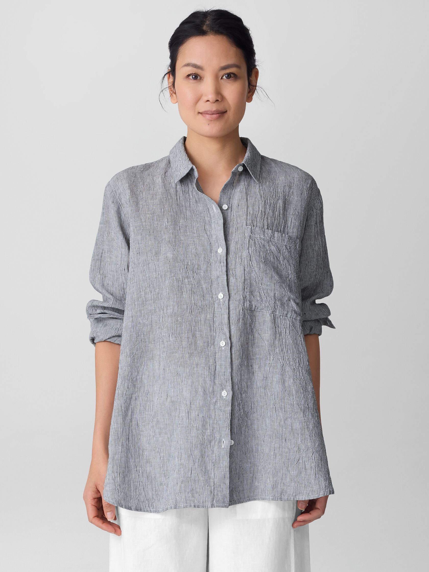 Puckered Organic Linen Stripe Classic Collar Long Shirt