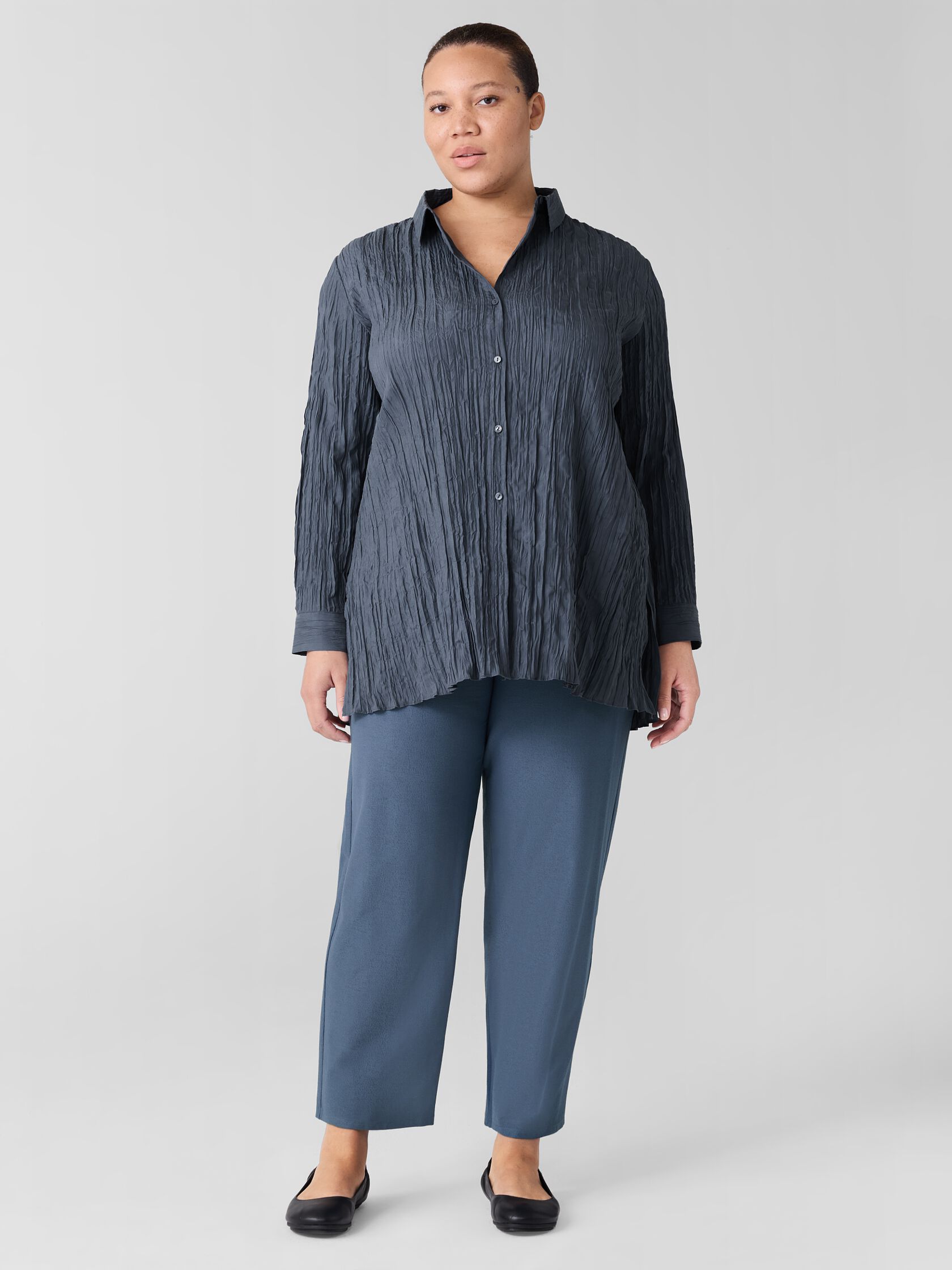Crinkle Silk Habutai Classic Collar Shirt