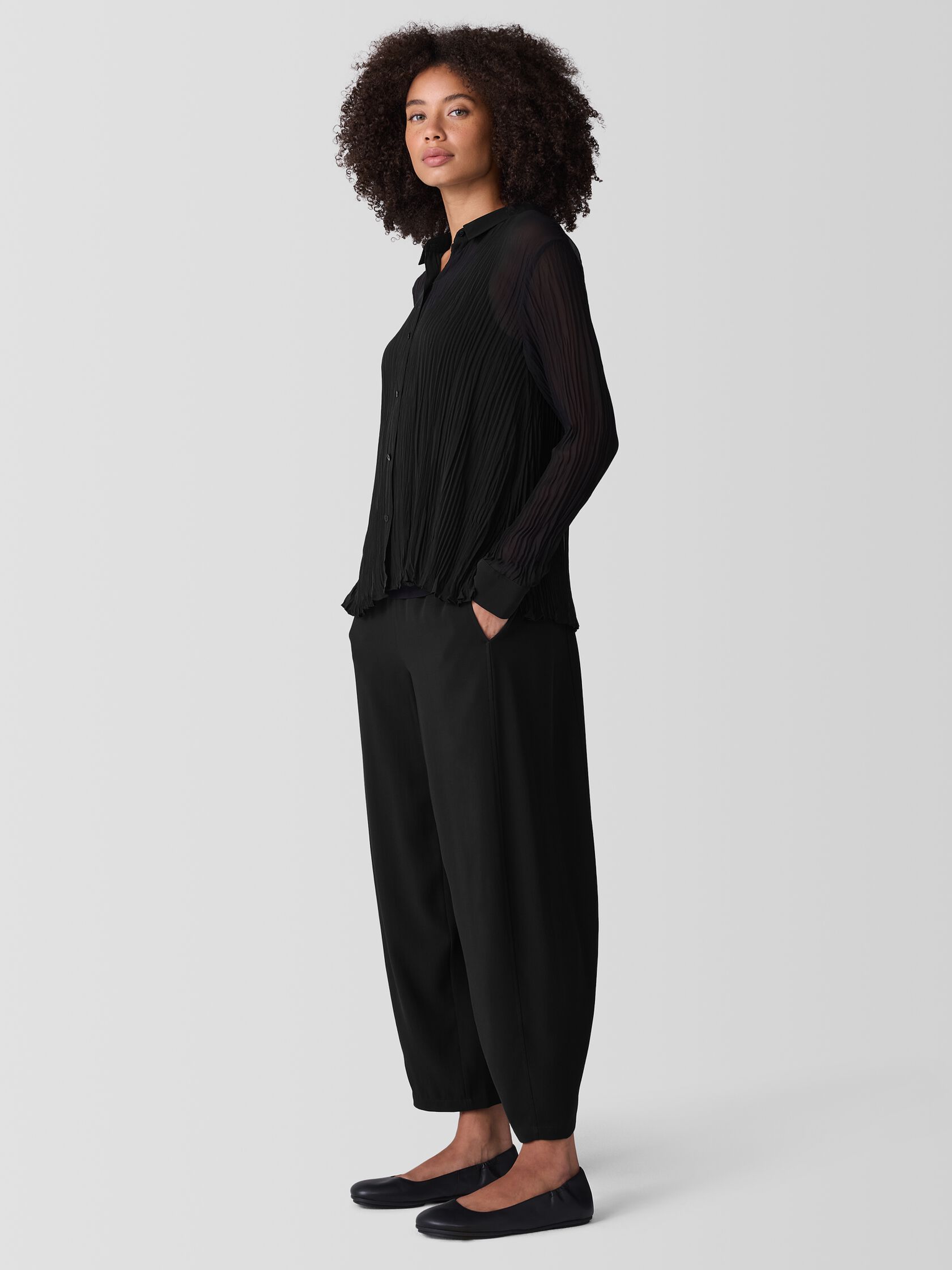Crinkled Sheer Silk Georgette Classic Collar Shirt