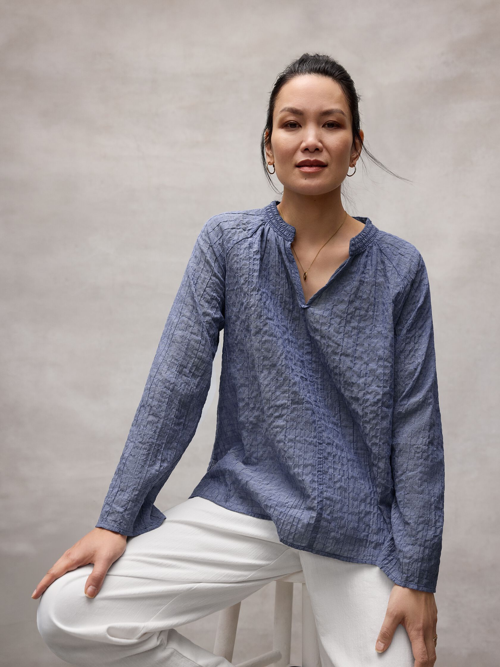 Organic Cotton Microstripe Pucker Split Collar Top