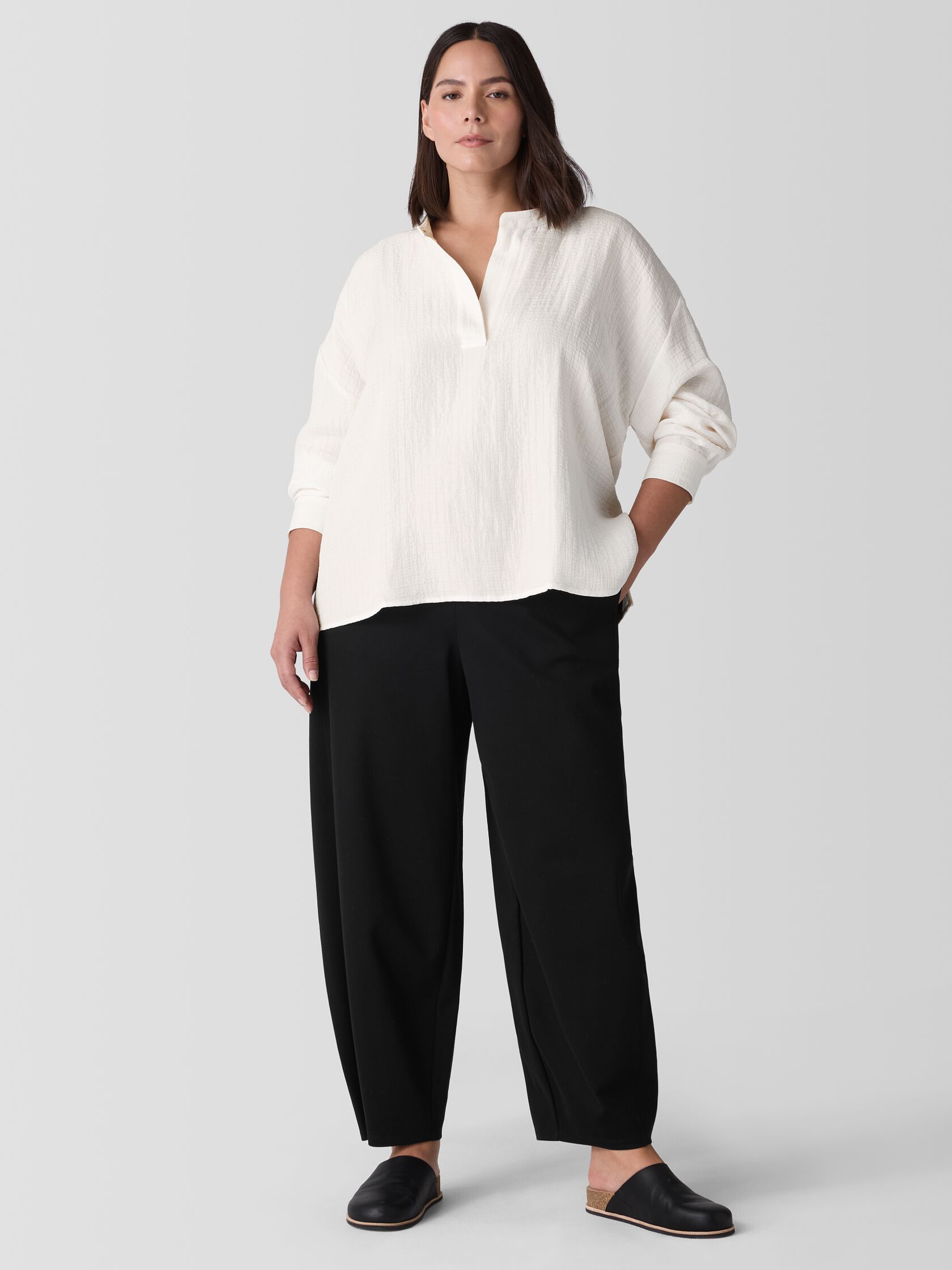 Silk Linen Box Band Collar Top
