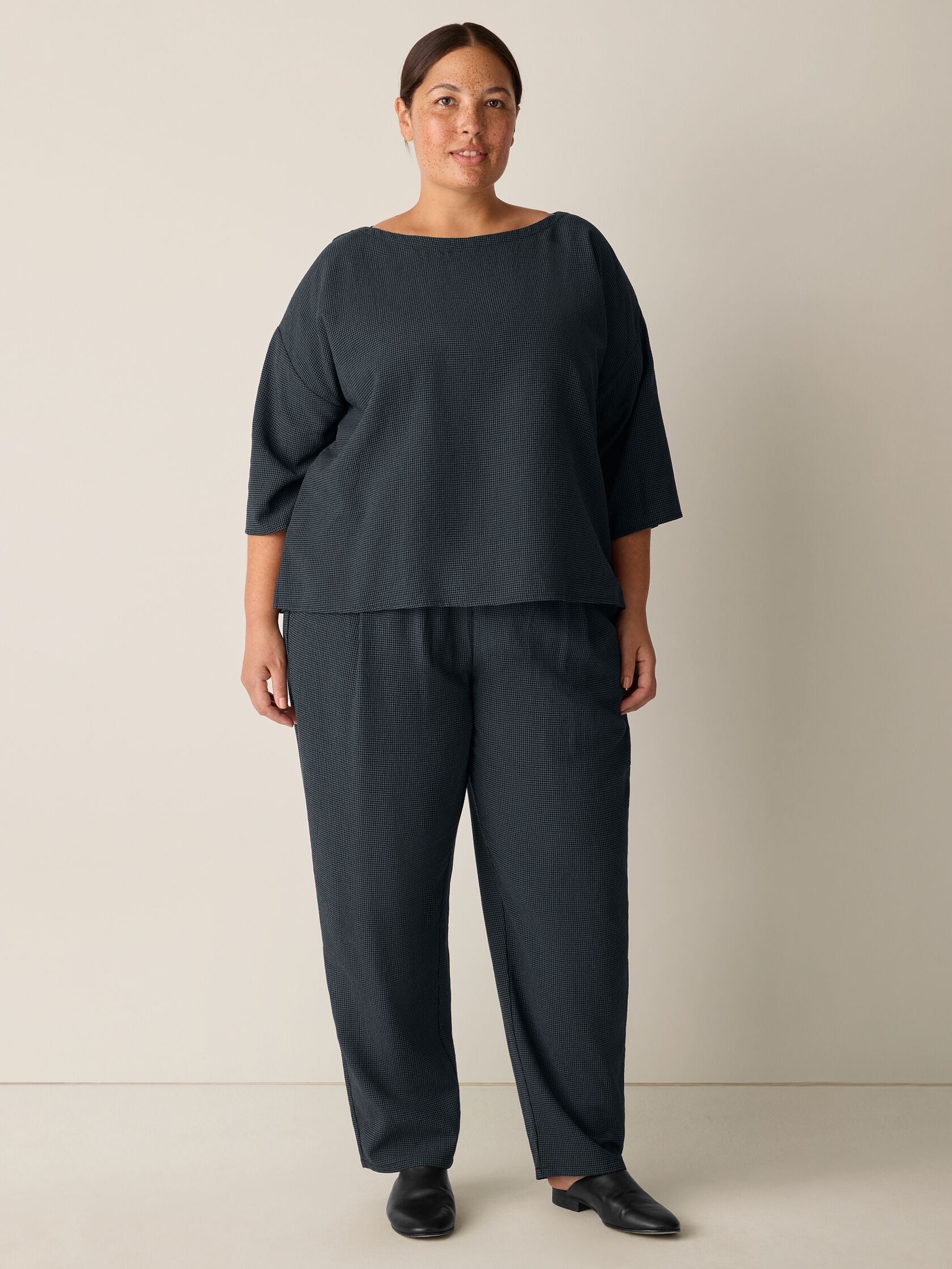 Mini Check Crepe Bateau Neck Box-Top