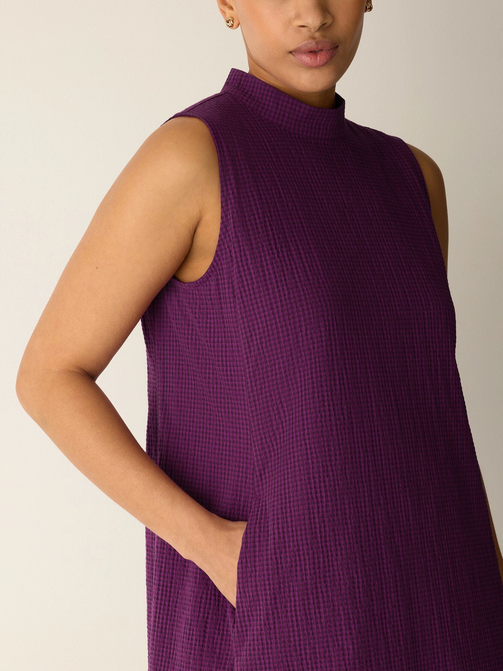 Organic Cotton Pucker Check Mock Neck Dress