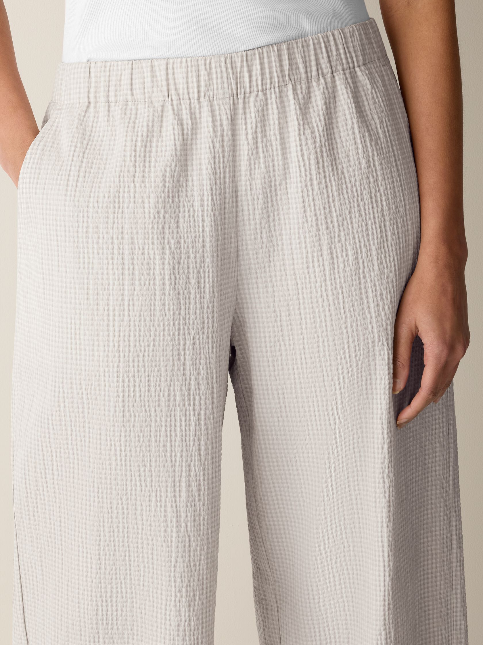 Organic Cotton Pucker Check Wide-Leg Pant