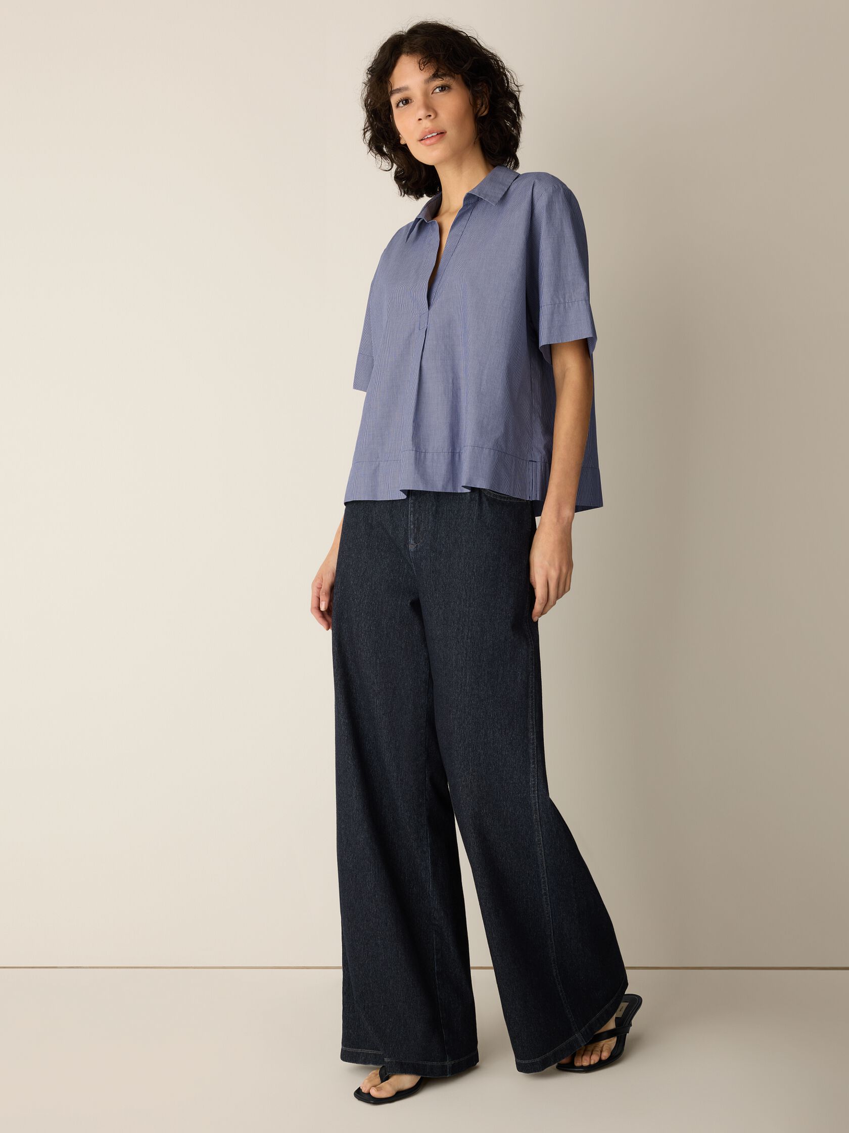 Striped Organic Cotton Poplin Split Neck Top