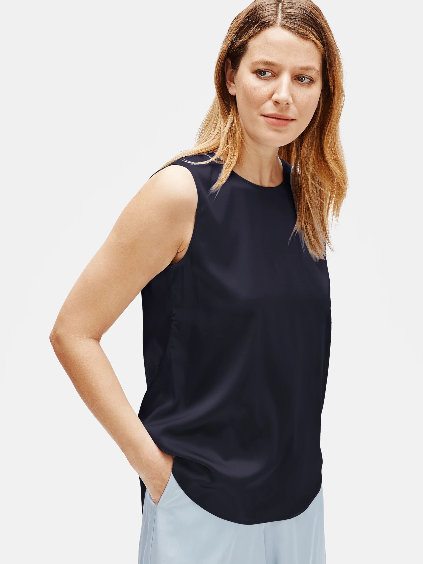 Stretch Silk Charmeuse Round Neck Shell