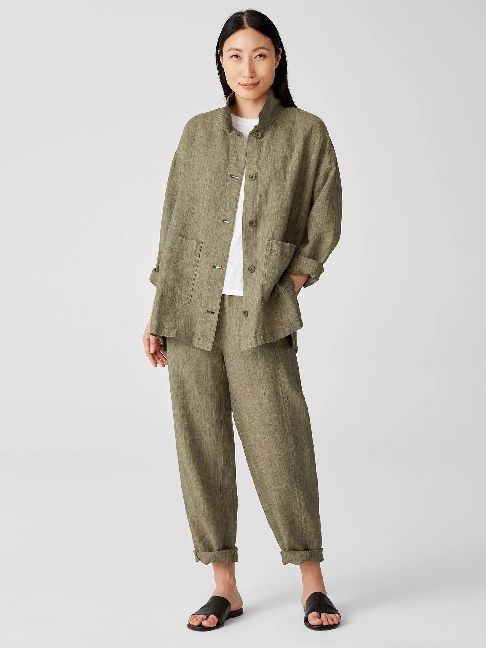 Washed Organic Linen Delave Stand Collar Jacket