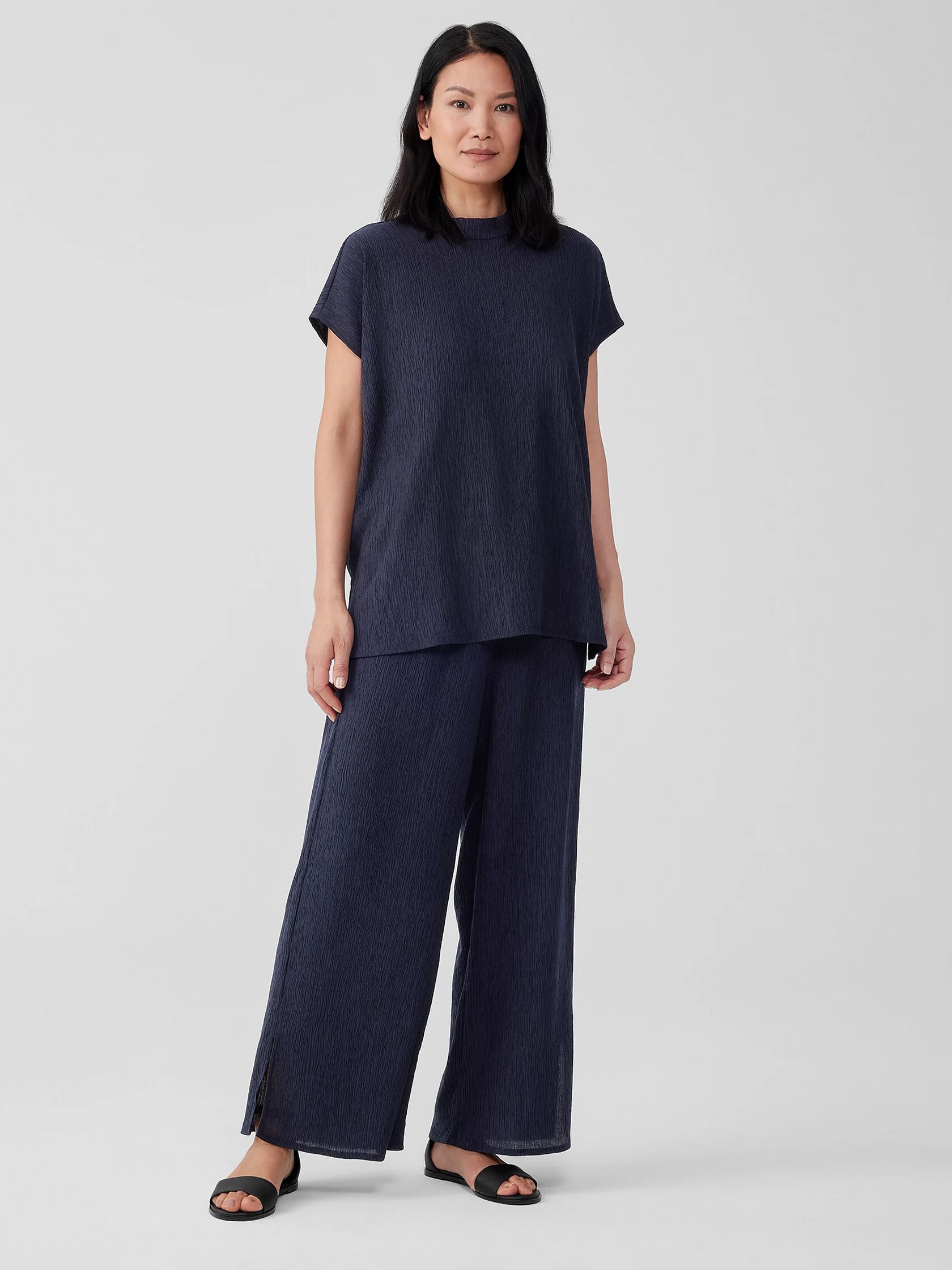 Woven Plissé Mock Neck Top